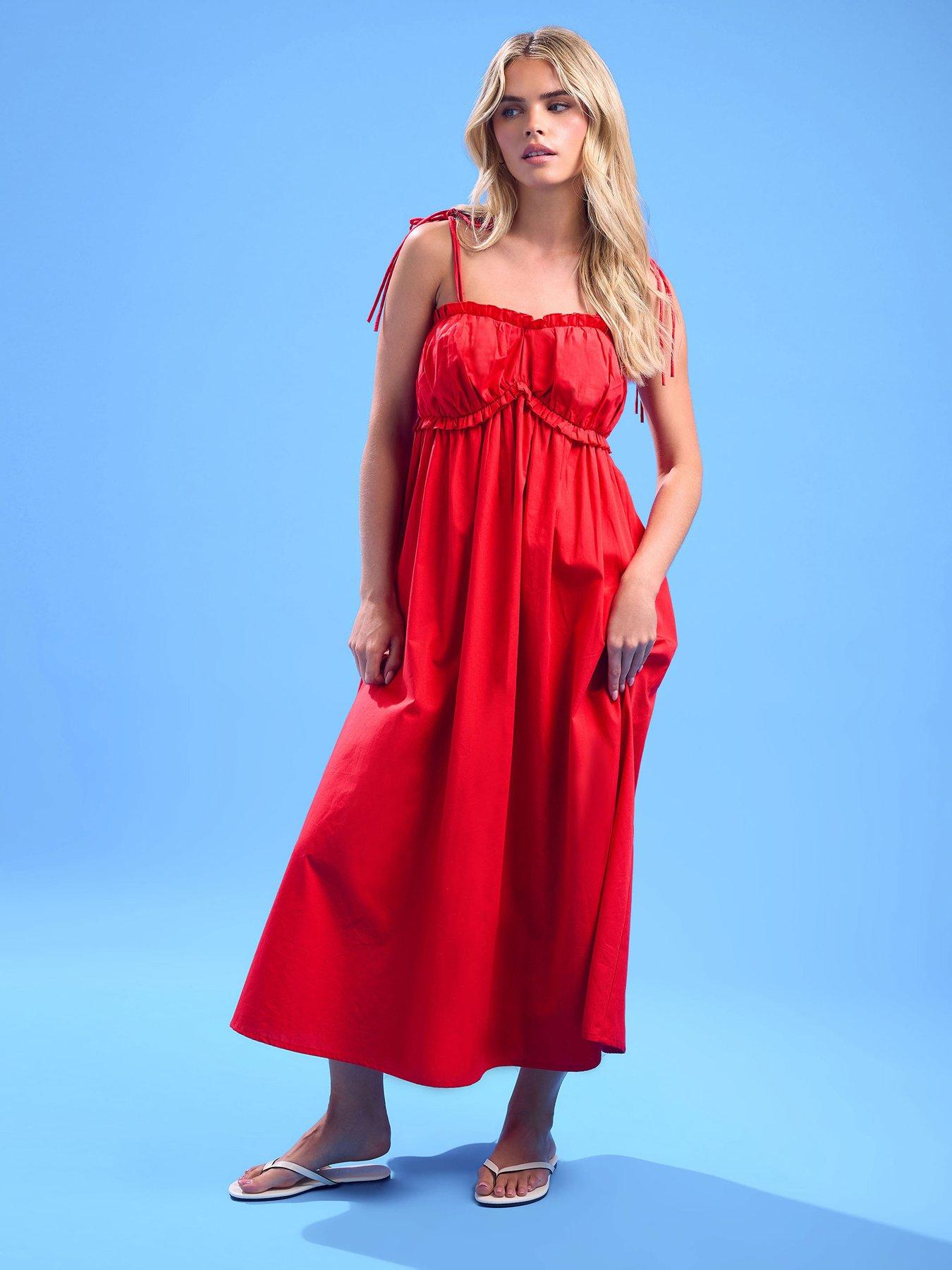undefined Petite Frill Tie Strappy Poplin Dress - Red