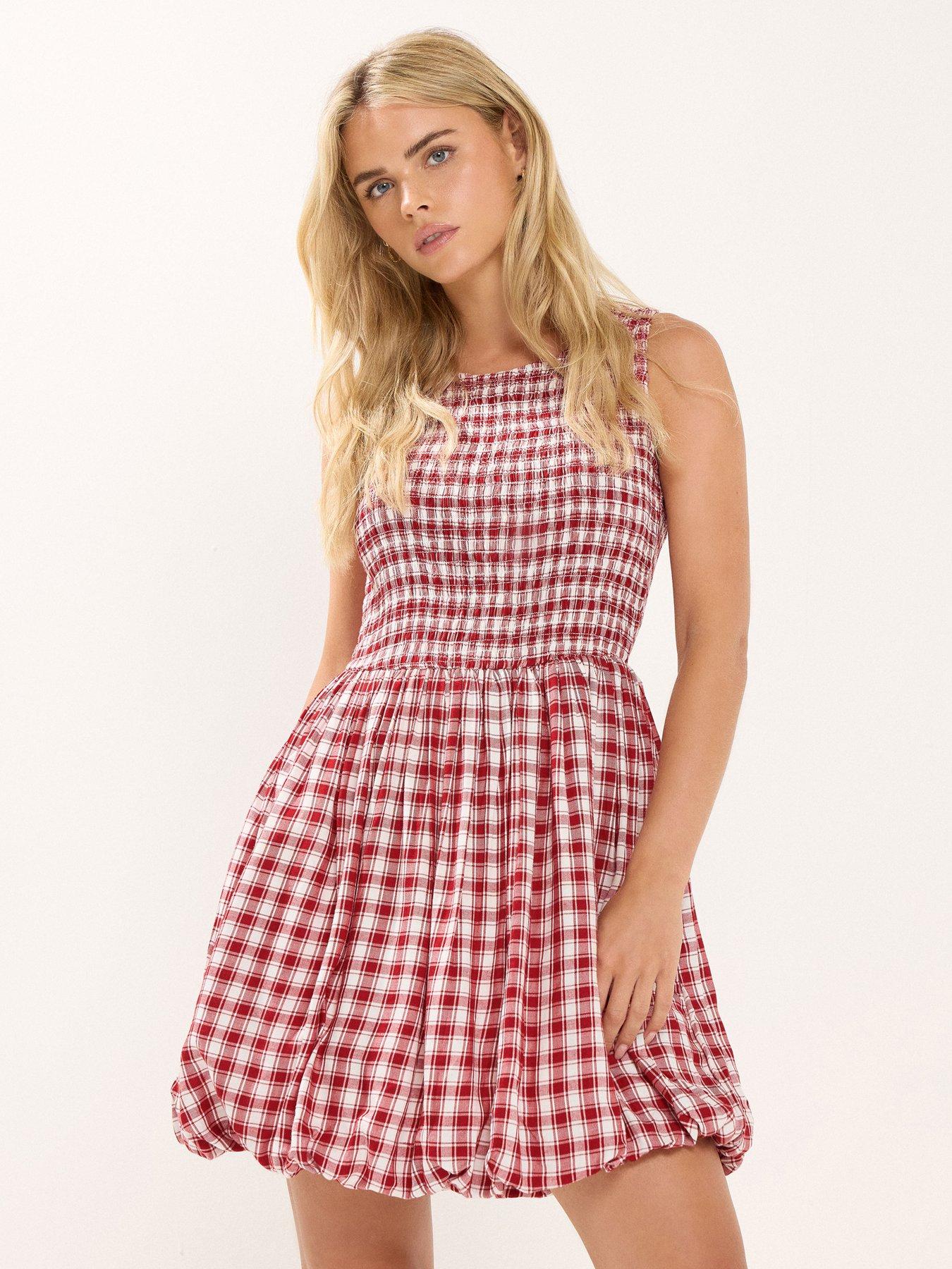 undefined Petite Check Shirred Puffball Mini Dress - Red