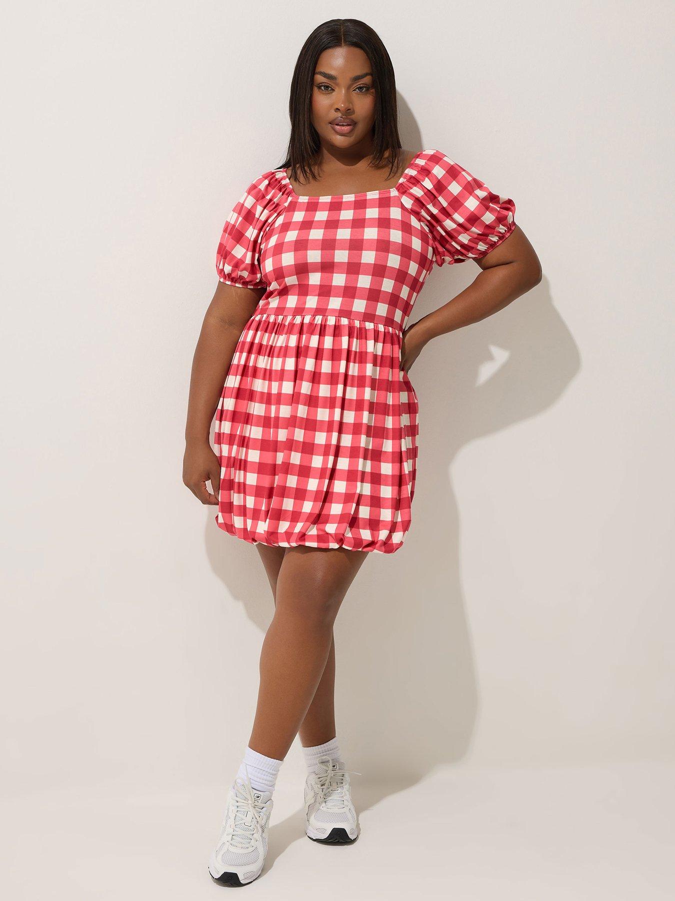 undefined Curve Gingham Puff Ball Mini Dress - Red