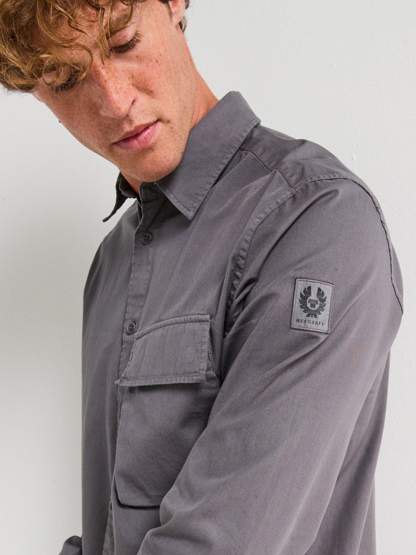Image 4 of 6 of Belstaff Scale Logo Patch Sleeve Garment Dyed Cotton Shirt - Dark Grey