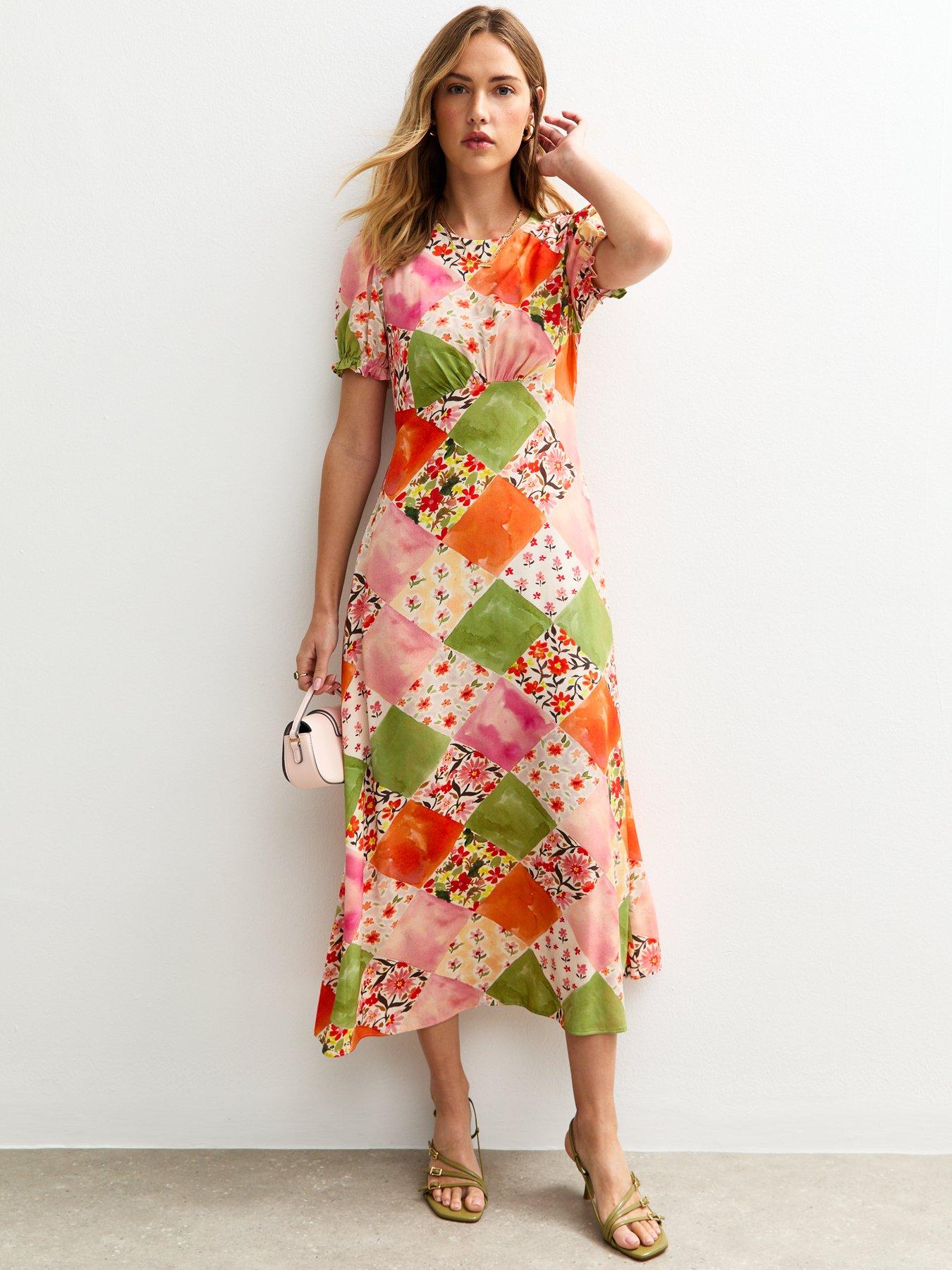 undefined Orange Patchwork Print Puff Sleeve Midi Dress