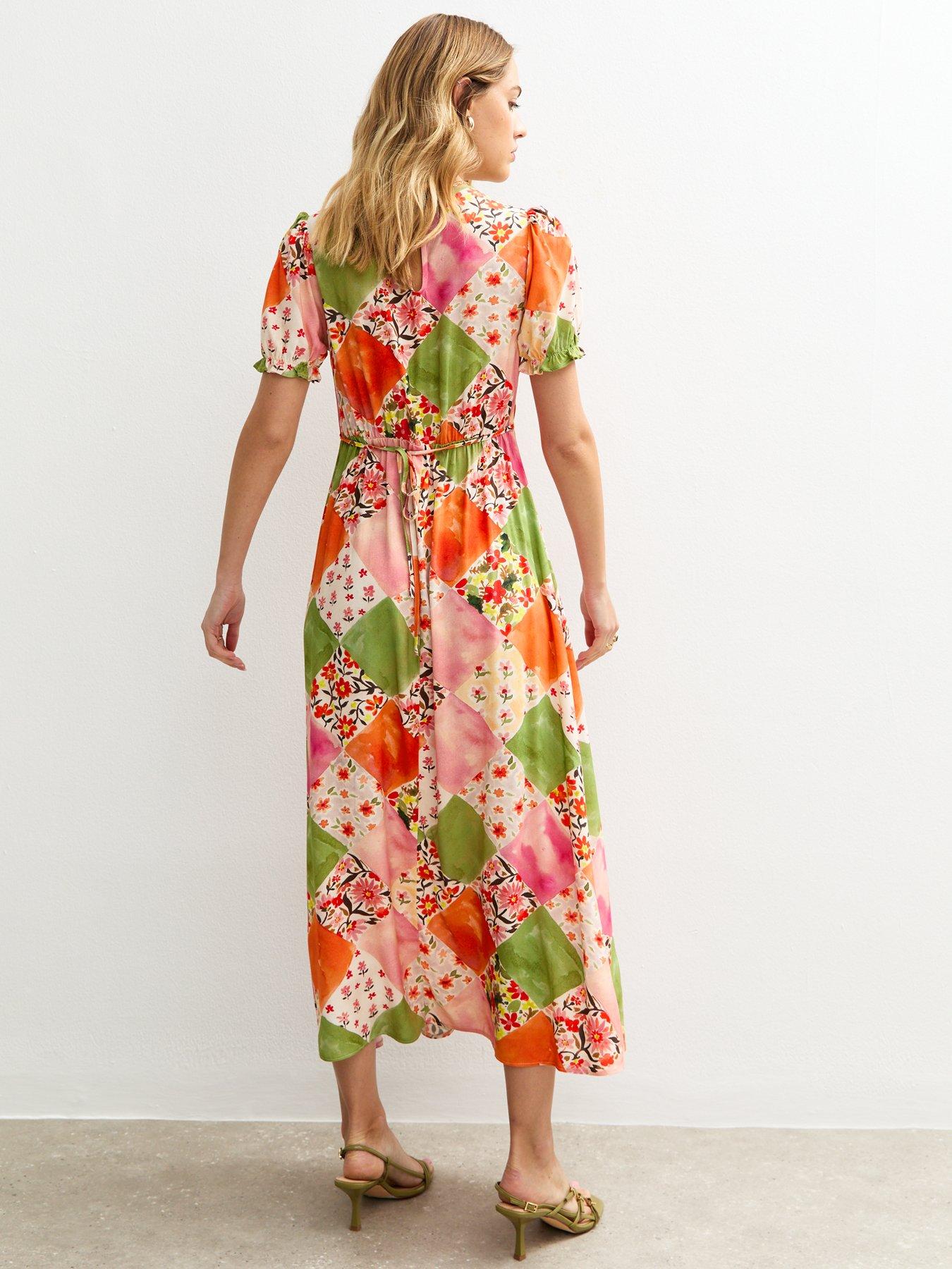Image 2 of 5 of New Look Orange Patchwork Print Puff Sleeve Midi Dress