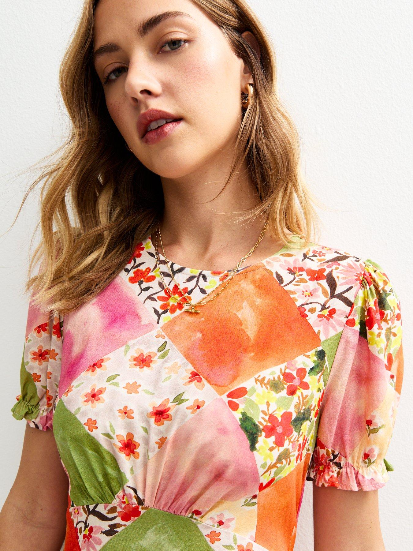 Image 4 of 5 of New Look Orange Patchwork Print Puff Sleeve Midi Dress