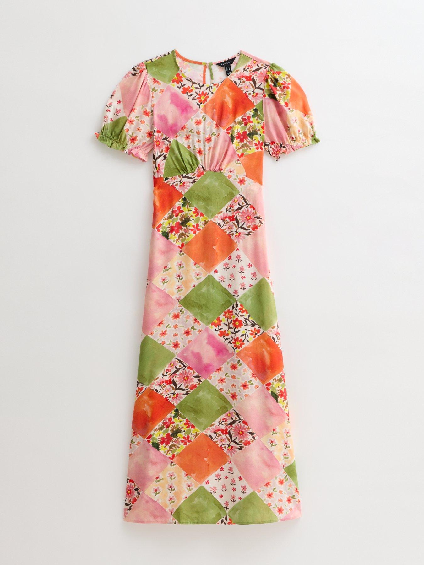 Image 5 of 5 of New Look Orange Patchwork Print Puff Sleeve Midi Dress