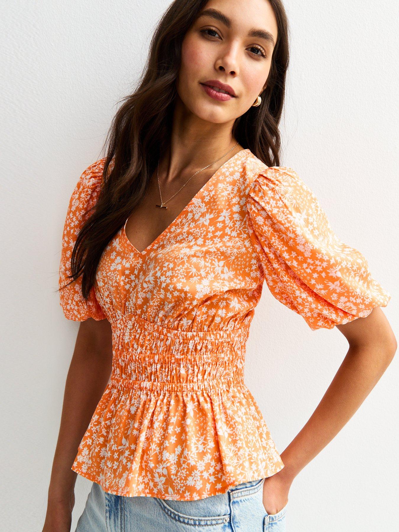 undefined Orange Floral Shirred Waist Blouse