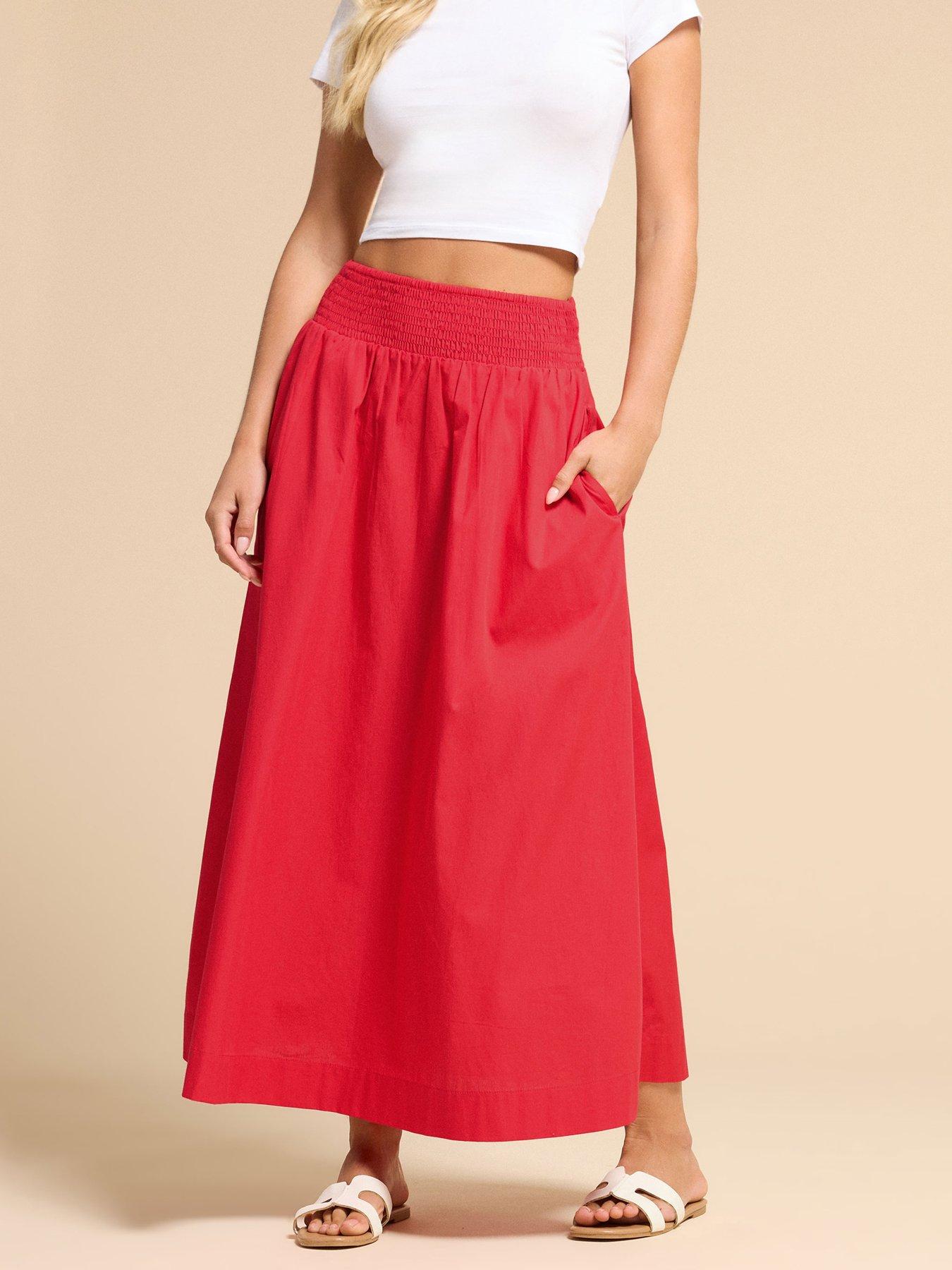 PixieGirl Petite Poplin Shirred Midi Skirt Red Very