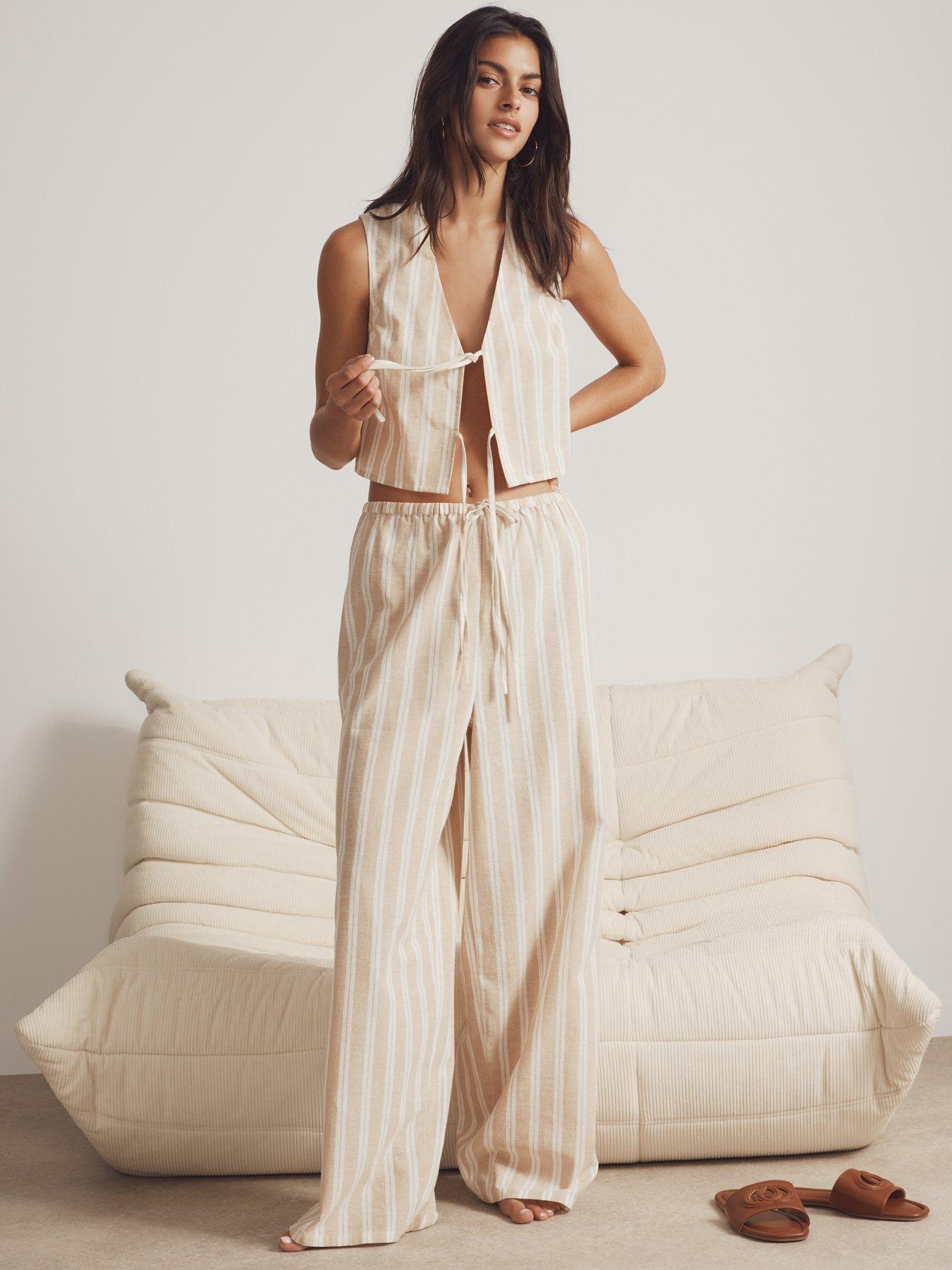 undefined Cream Stripe Print Wide Leg Trousers