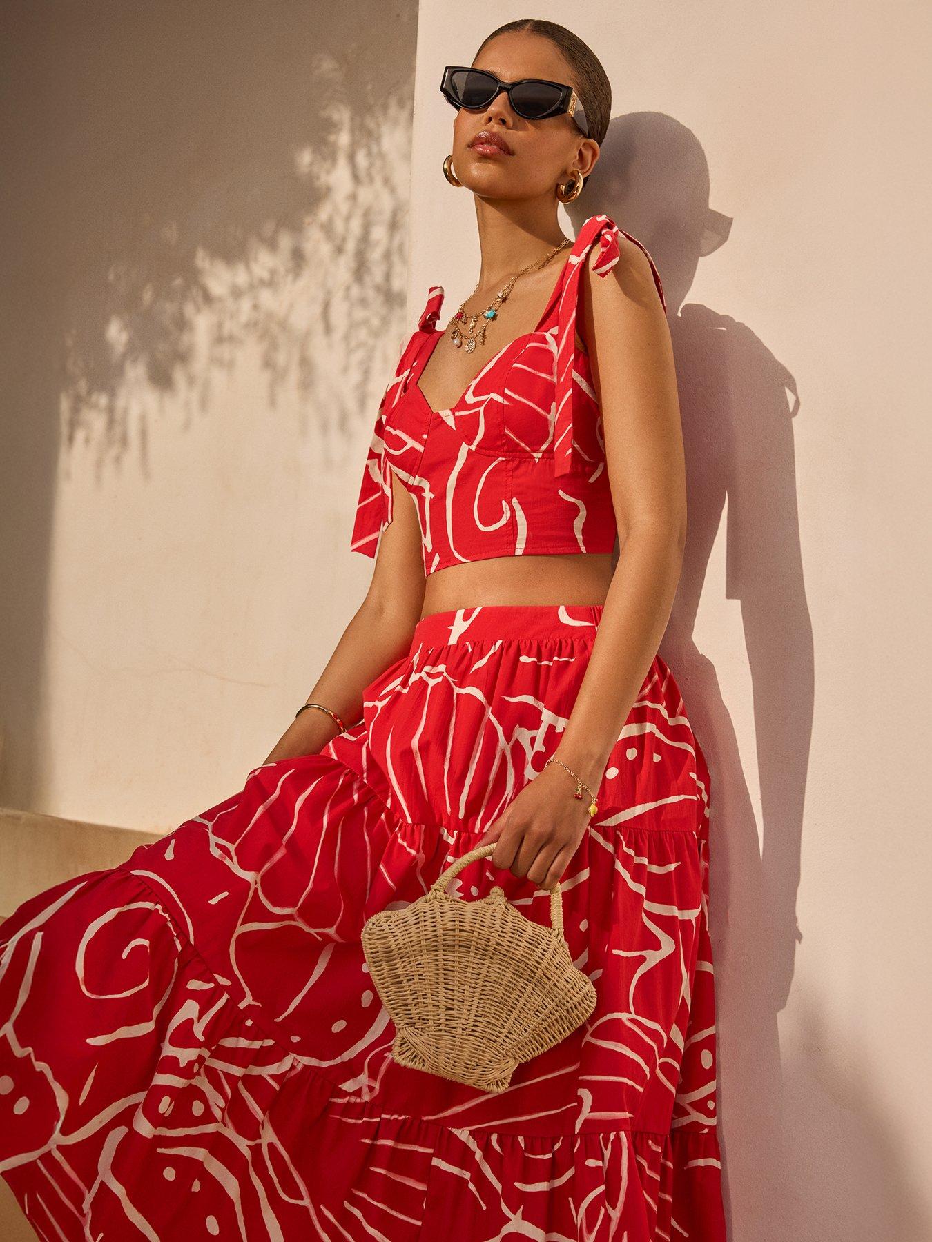 Image 4 of 5 of New Look Red Shell Print Poplin Tiered Midi Skirt