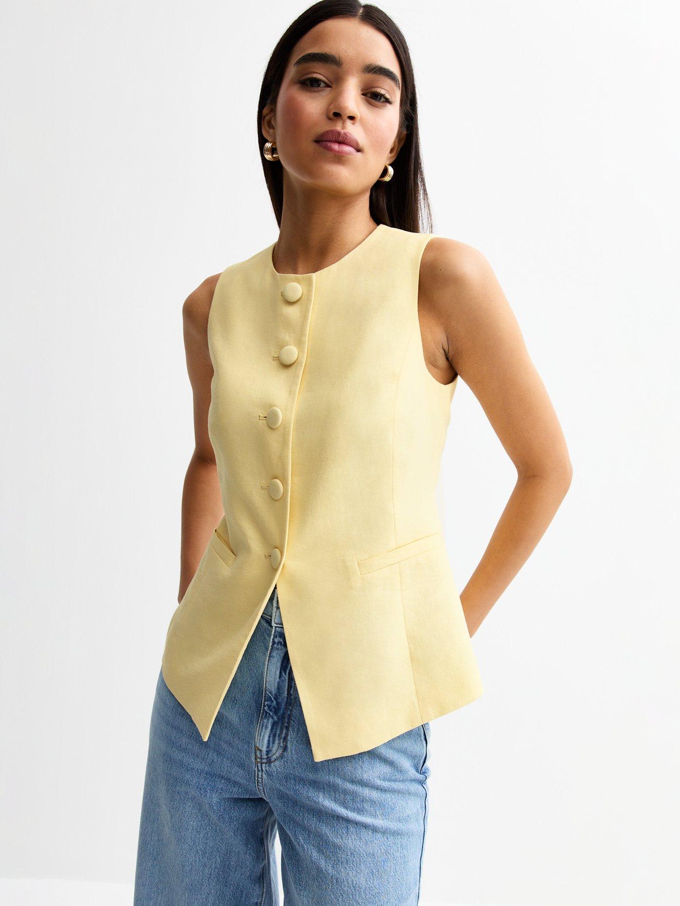 undefined Light Yellow Crew Neck Linen Blend Waistcoat
