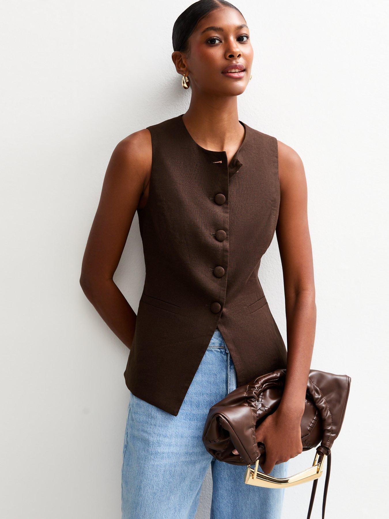 undefined Brown Crew Neck Linen Blend Waistcoat
