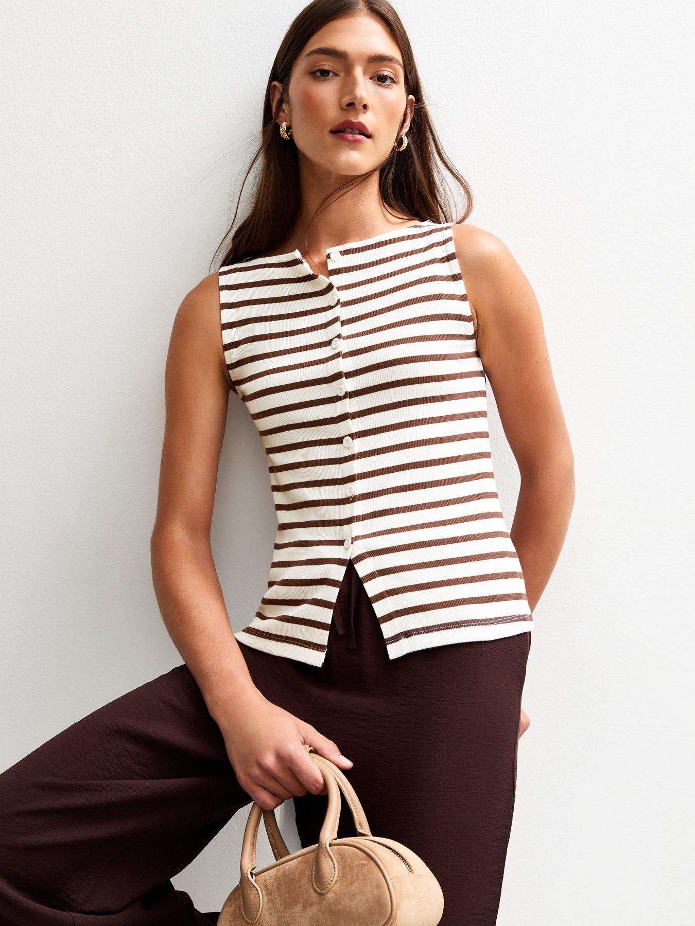 undefined Brown Stripe Print Button Through Tank Top