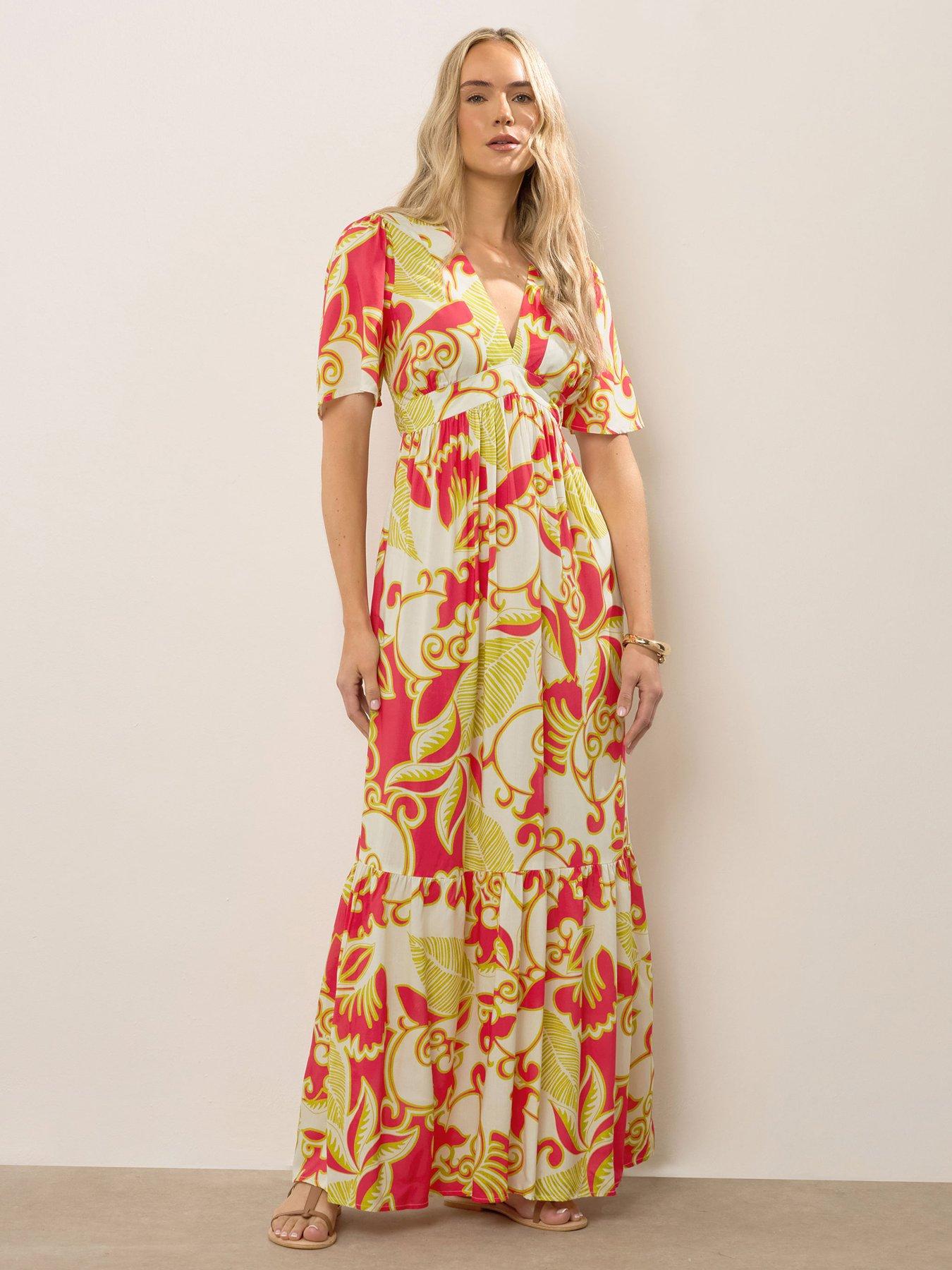 undefined Tall Coral Red Abstract Palm Flutter Maxi Dress