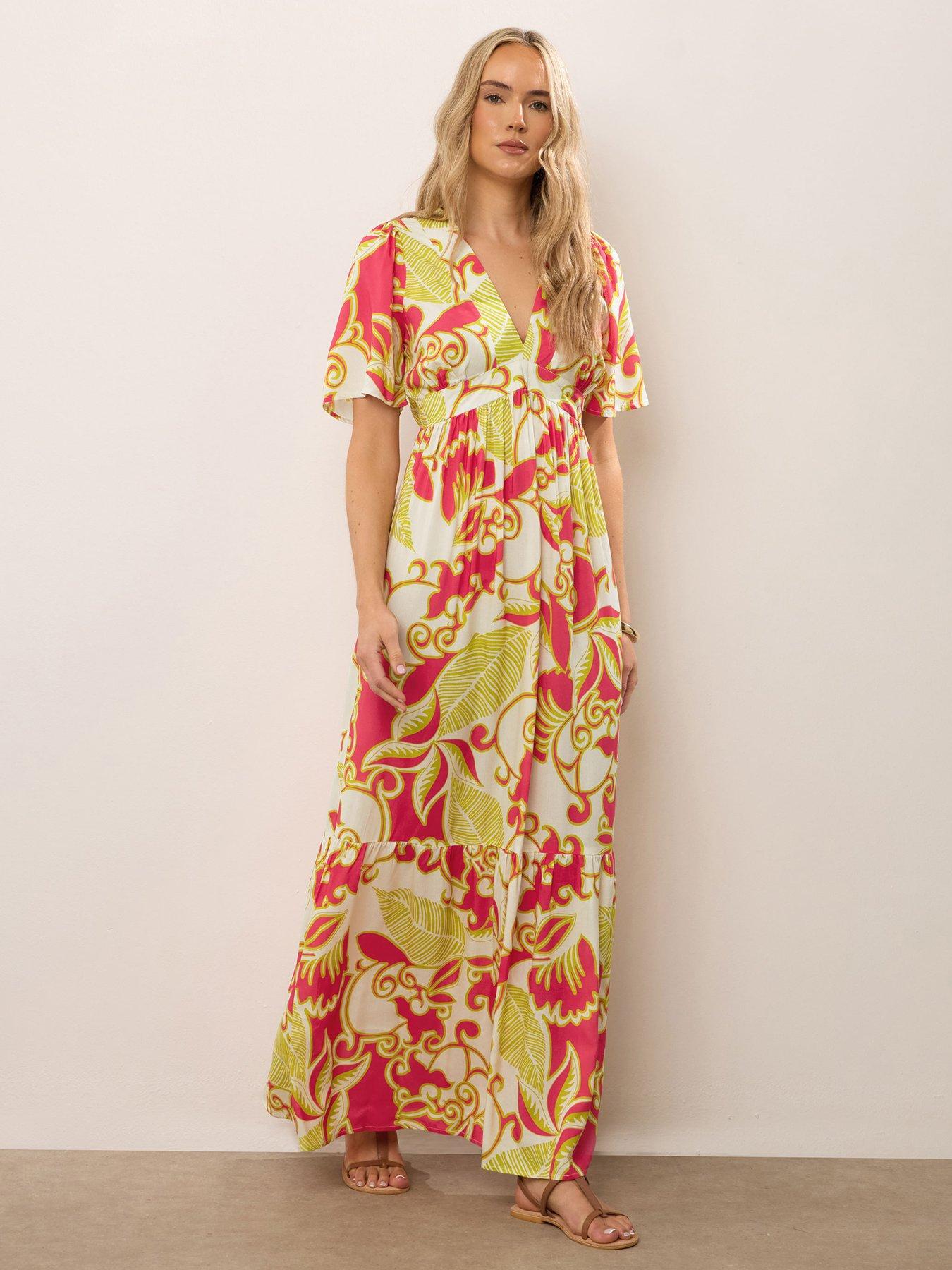 Image 3 of 4 of Long Tall Sally Tall Coral Red Abstract Palm Flutter Maxi Dress