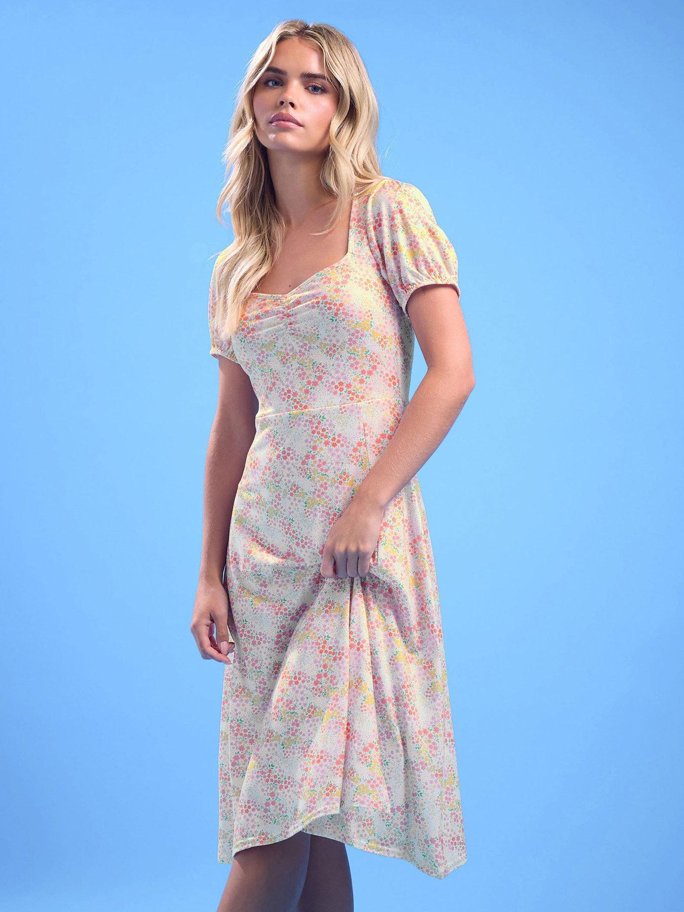 undefined Petite Puff Sleeve Ruched Front Midi Dress - Pink
