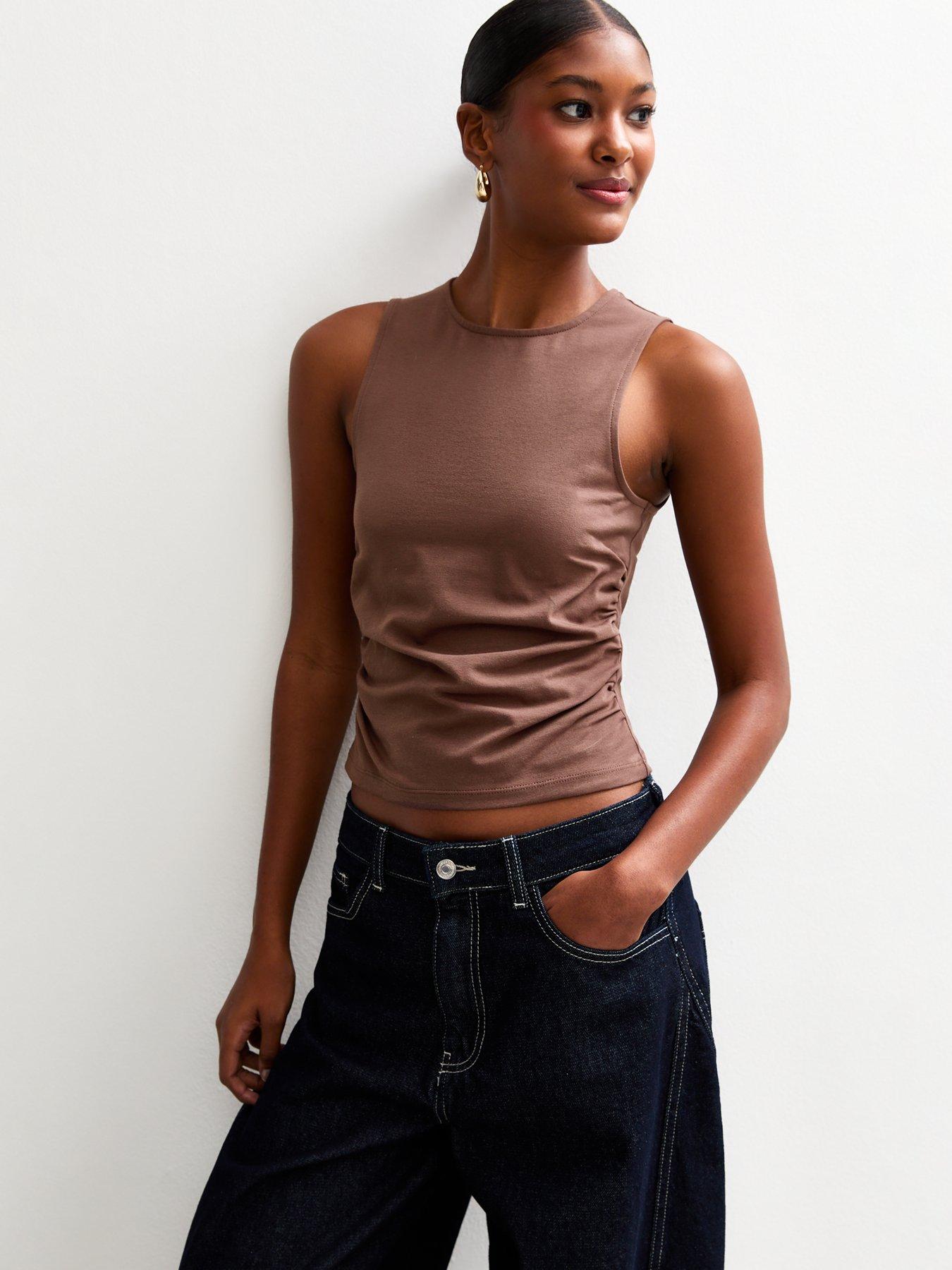 undefined Dark Brown Ruched Waist Sleeveless Tank Top