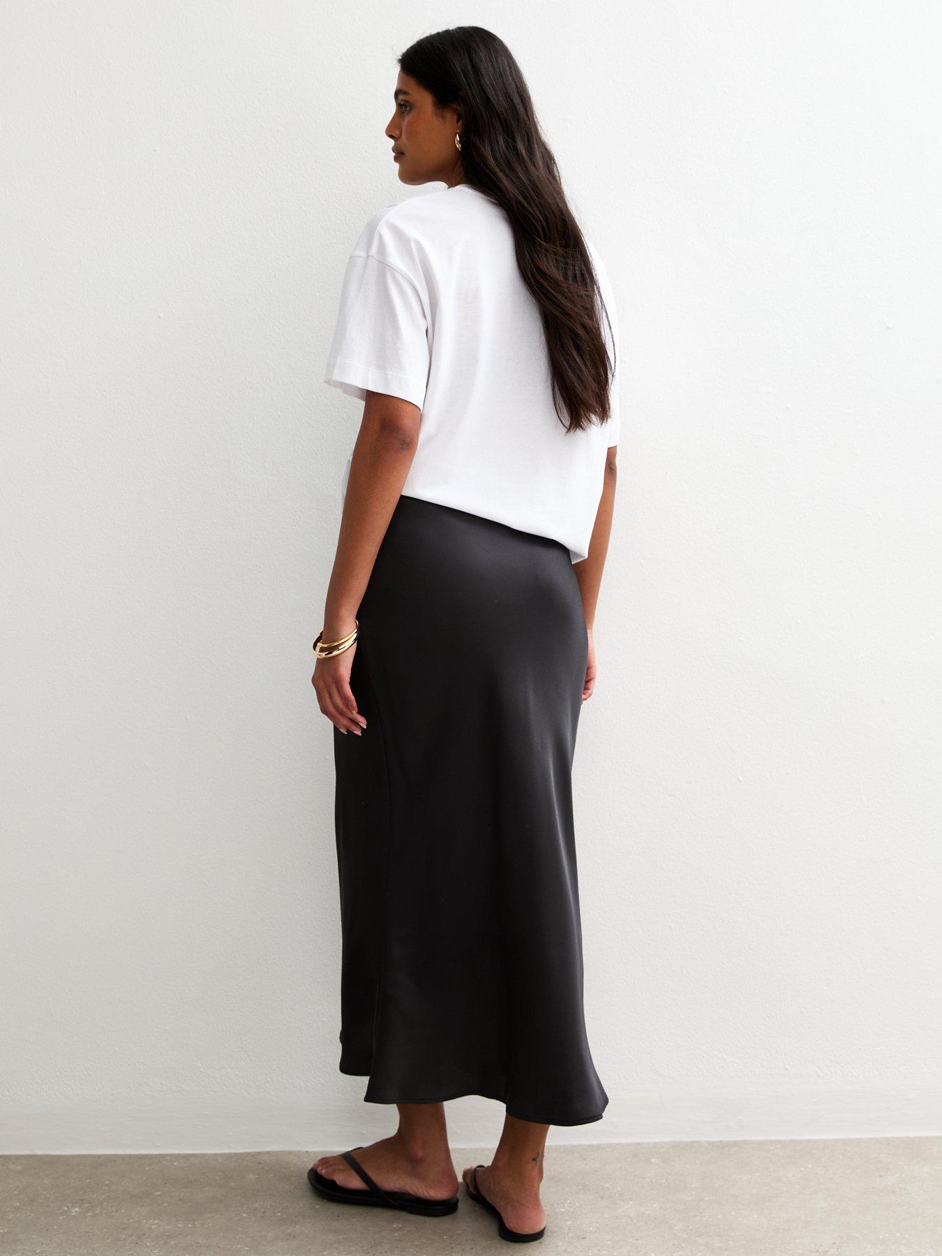 Ladies Satin Bias Midi Skirt - Black