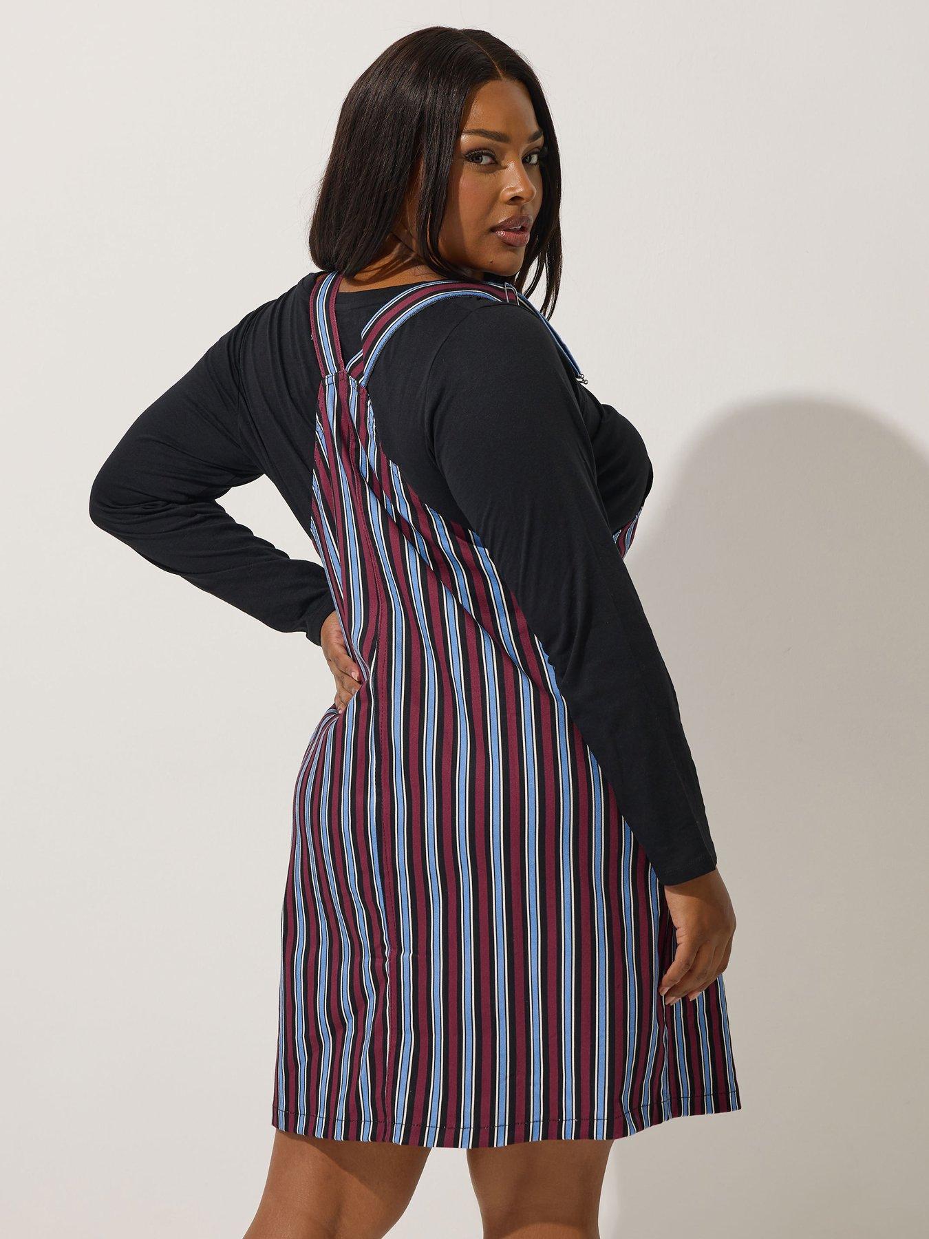 Image 2 of 5 of Yours Curve Stripe Denim Pinafore - Blue