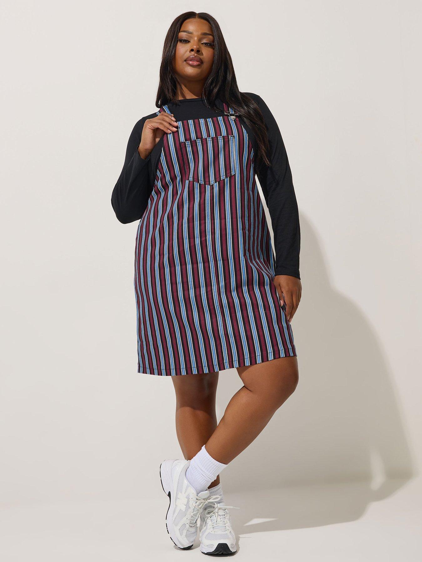Image 3 of 5 of Yours Curve Stripe Denim Pinafore - Blue