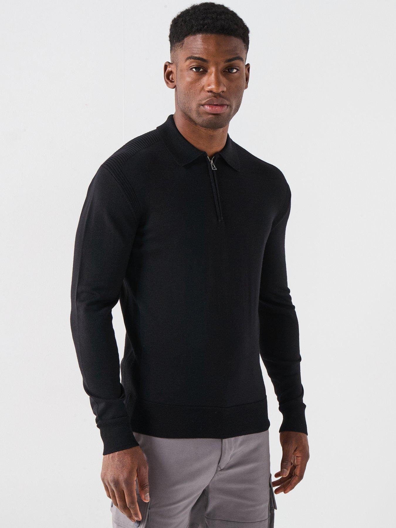 undefined Kyle Knitted Zip Neck Long Sleeve Polo Shirt - Black