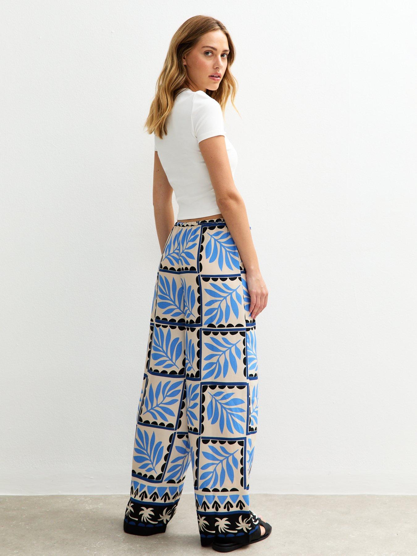 New Look Blue Crepe Palm Print Wide Leg Trousers Very