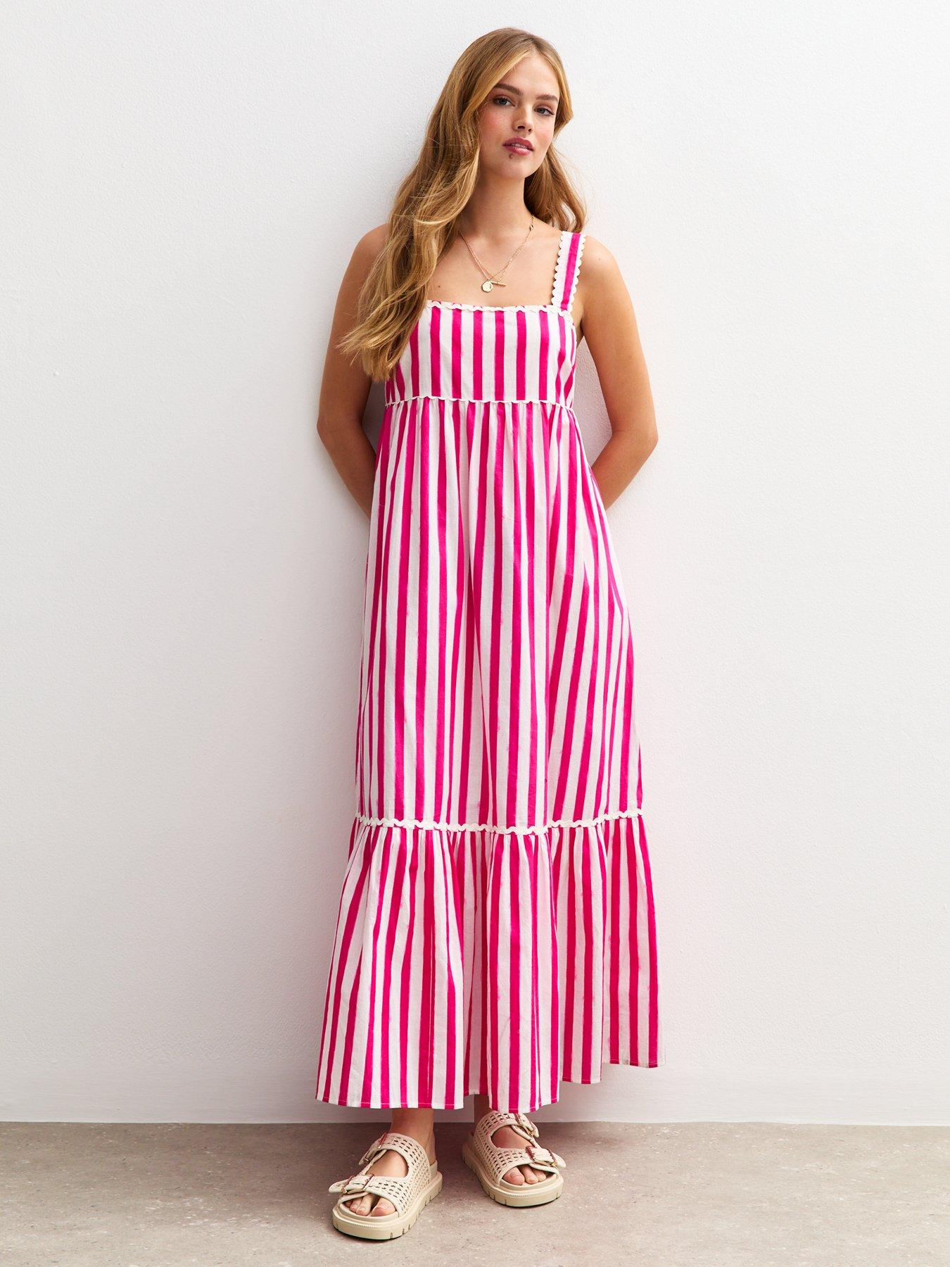 undefined Pink Striped Scalloped Edge Midi Dress