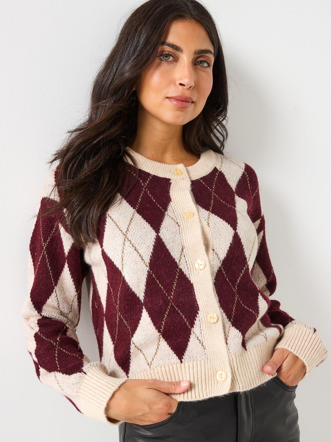 Vero Moda Billie Long Sleeve O-neck Argyle Cardigan - Cream/red