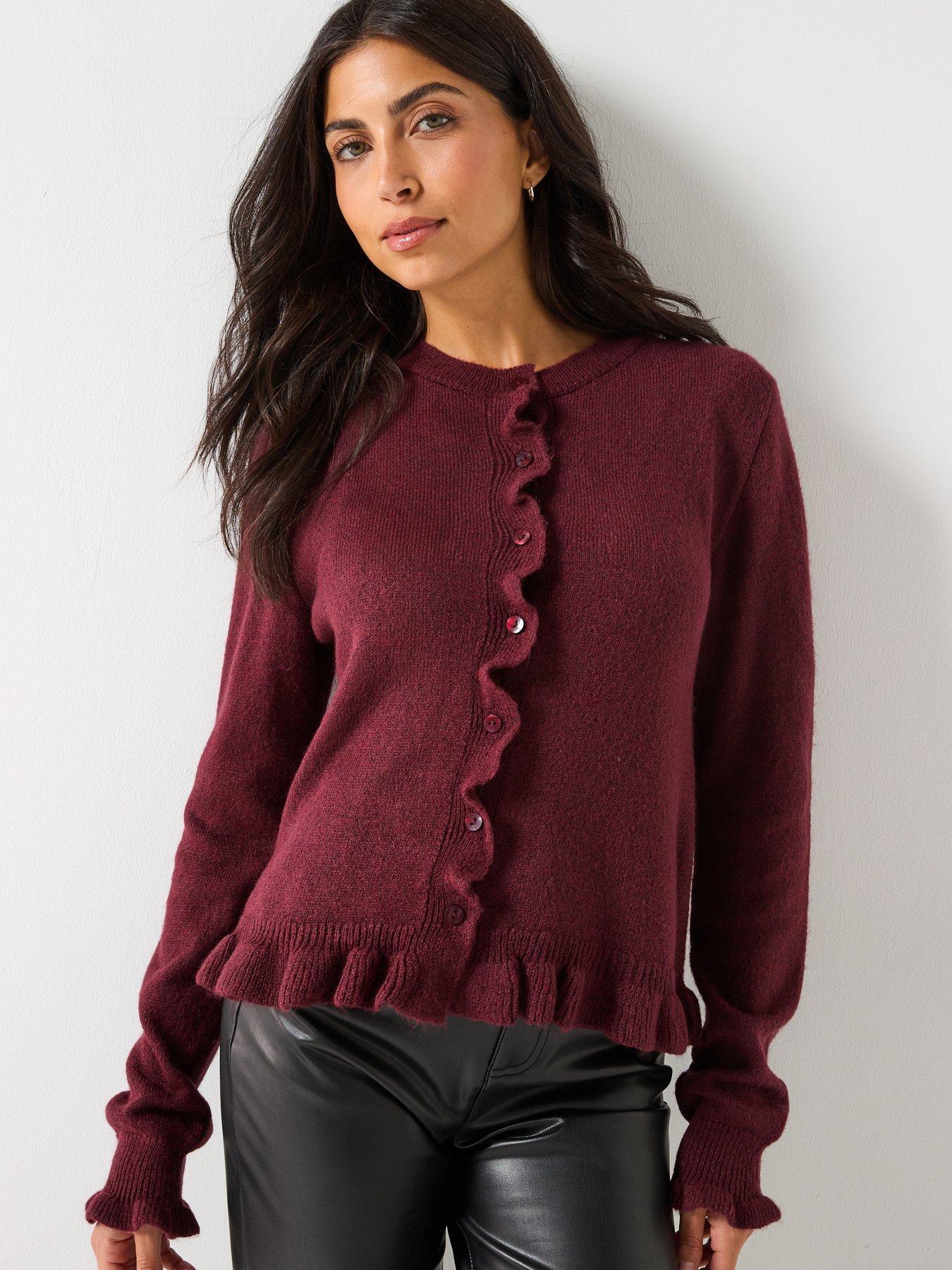 JDY Long Sleeve Frill Knitted Cardigan - Burgundy | Very
