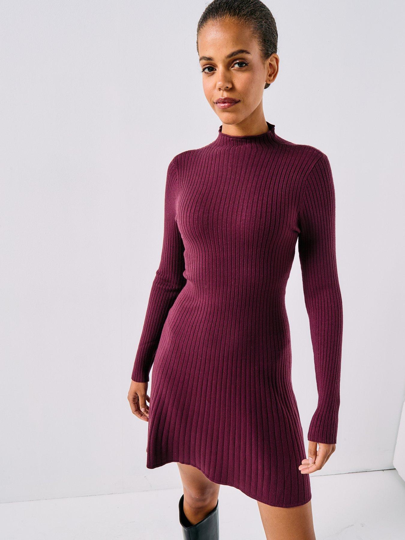 Vero Moda Ribbed Long Sleeve Funnel Neck Skater Dress Red Very