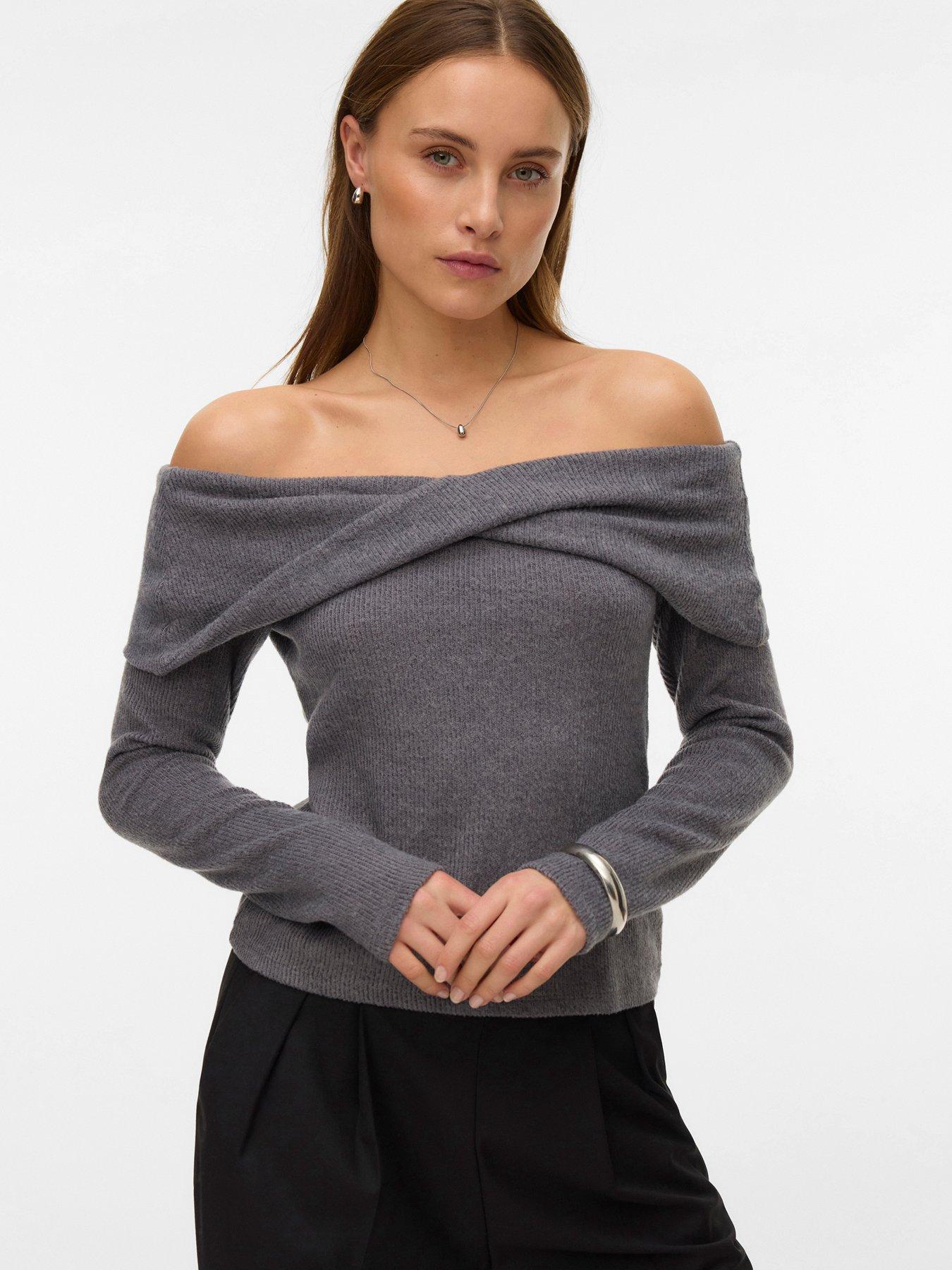 Vero Moda Off Shoulder Top Soft Knit Top - Grey