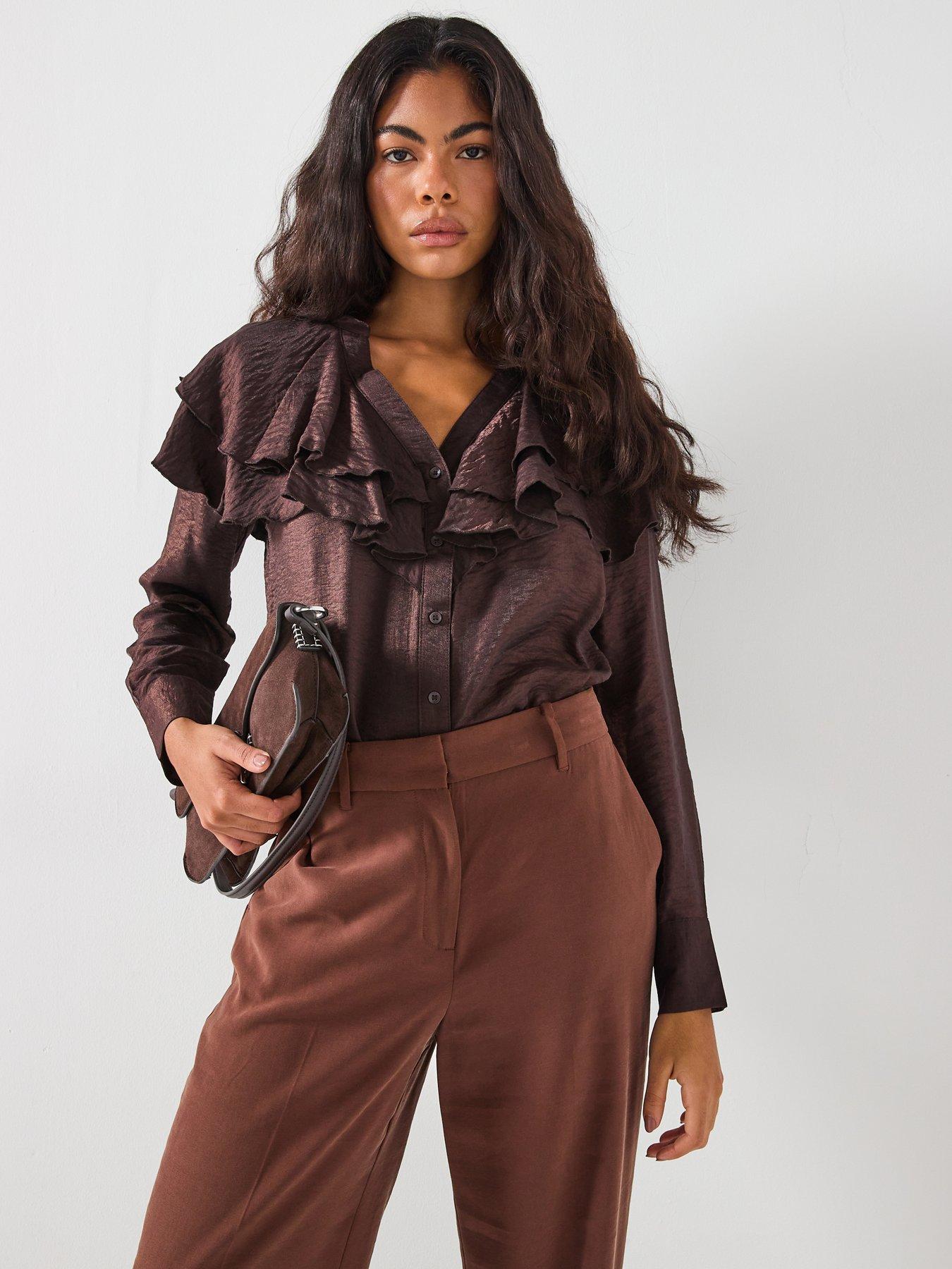 Image 1 of 6 of Vero Moda Lizzi Long Sleeve Flounce Top - Brown