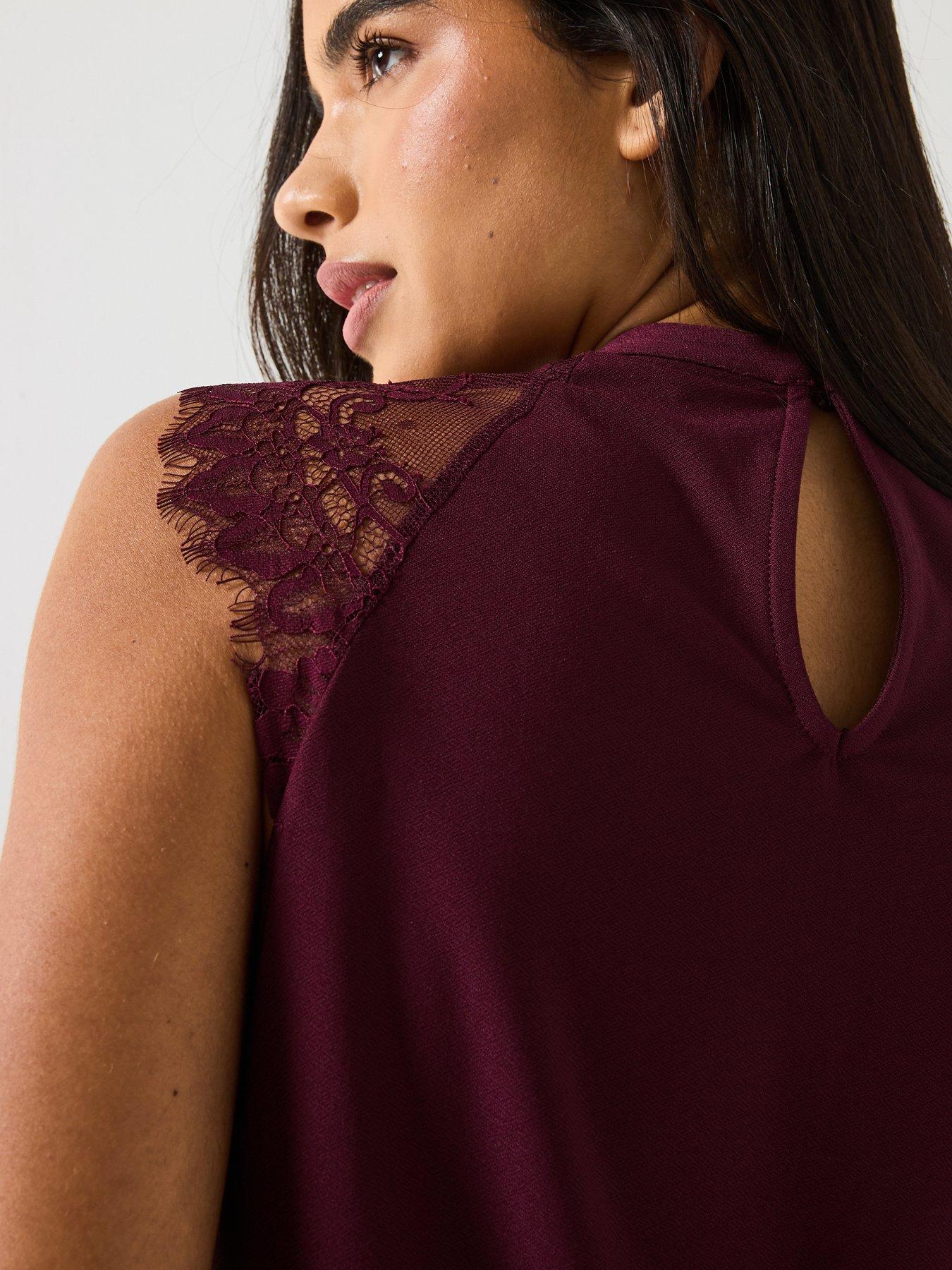 Image 4 of 6 of Vero Moda Milla Short Sleeve Lace Top - Burgundy