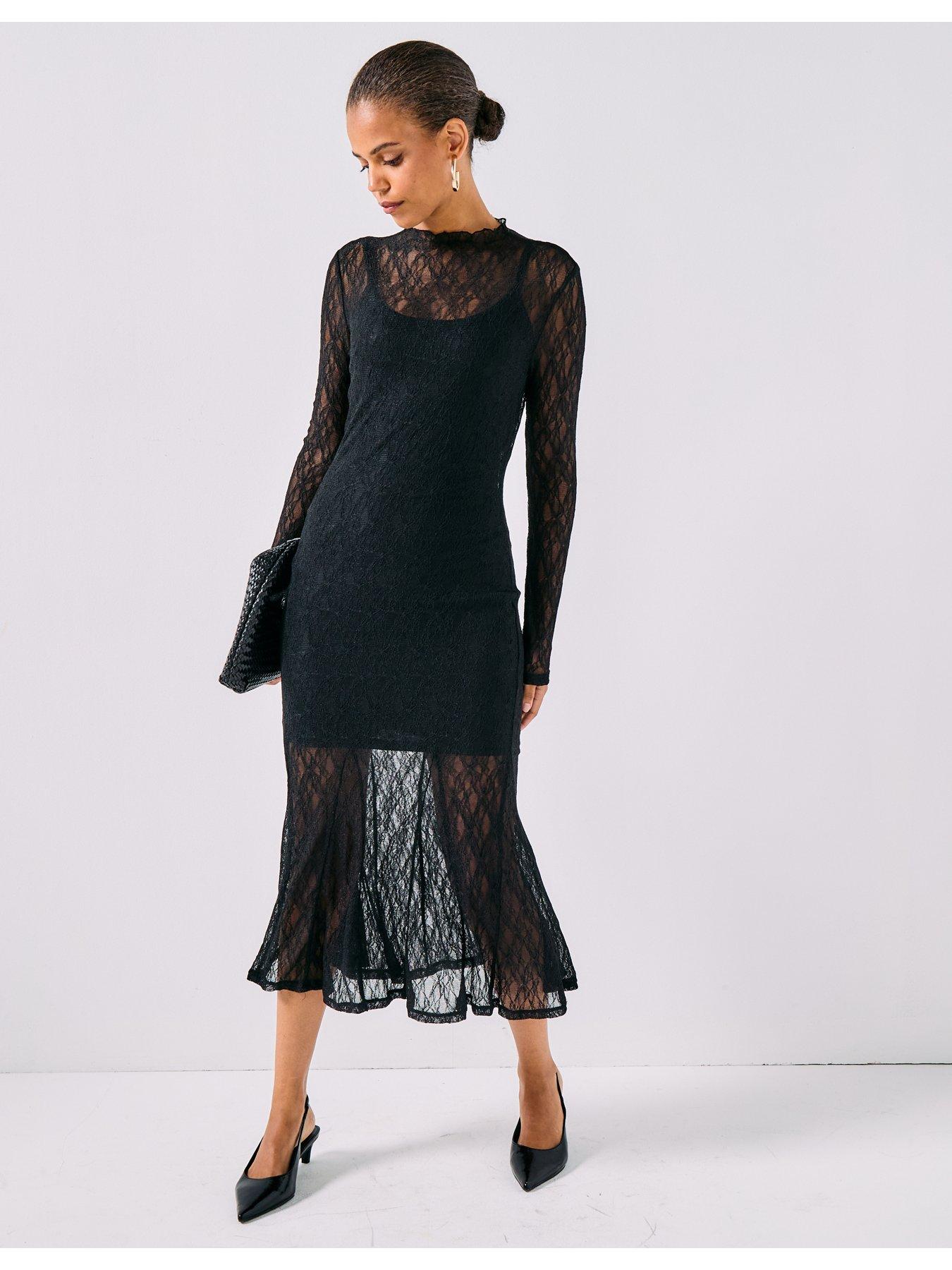 AWARE Tessy Long Sleeve High Neck Lace Midi Dress - Black