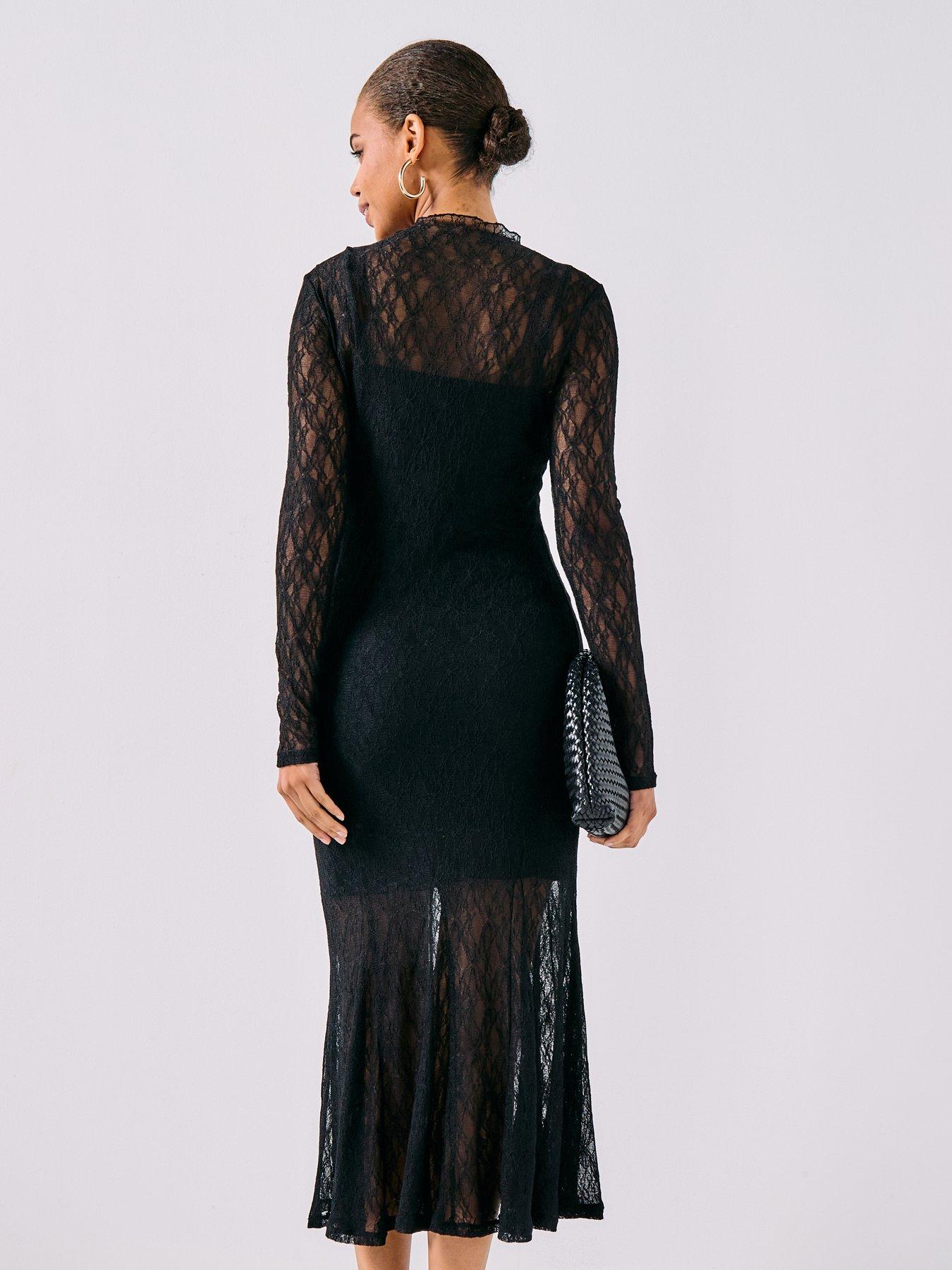 AWARE Tessy Long Sleeve High Neck Lace Midi Dress - Black | Very