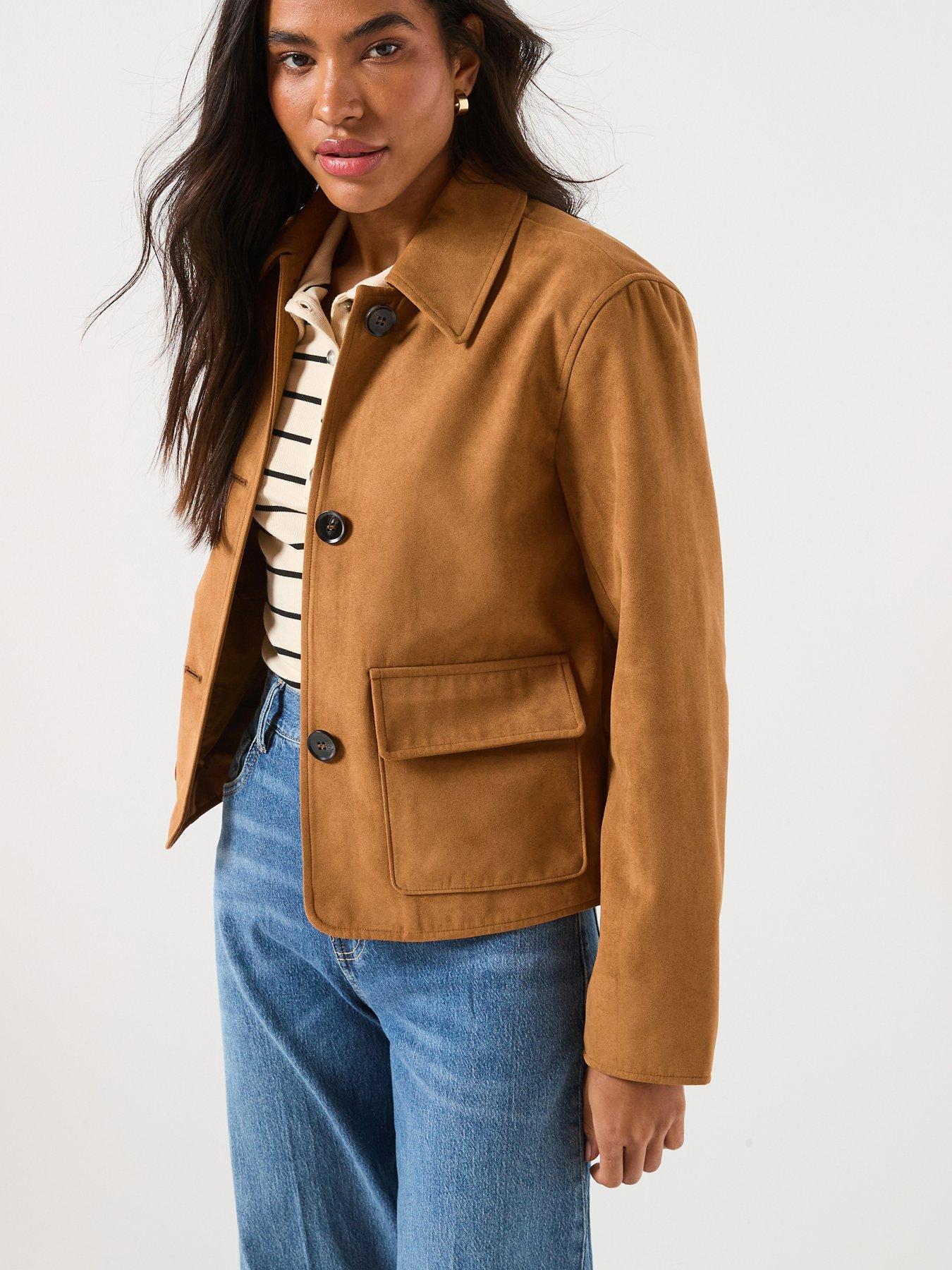 JDY Collared Short Faux Suede Jacket - Brown