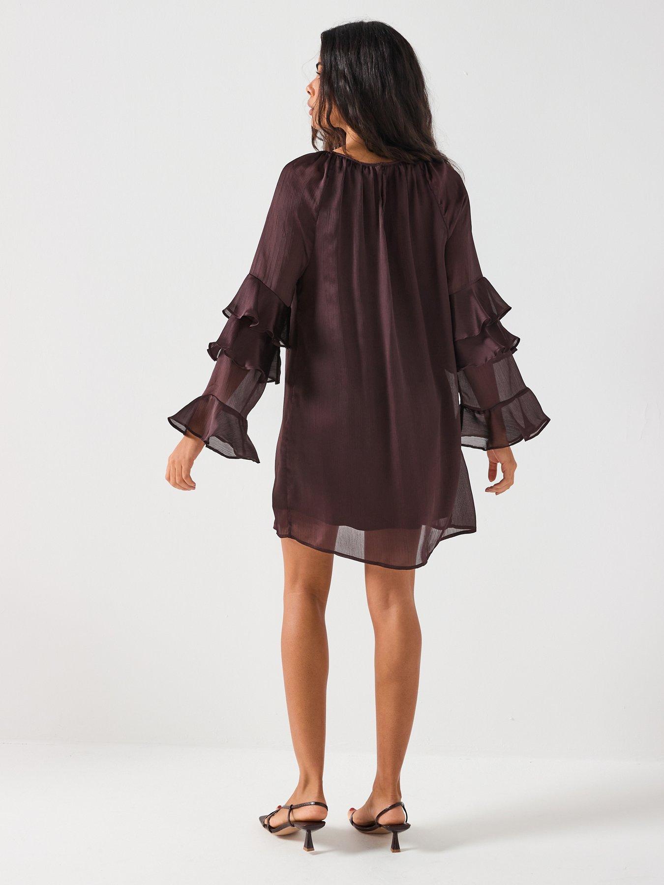 Image 2 of 6 of Vero Moda Lola Long Sleeve Frill Mini Dress - Brown