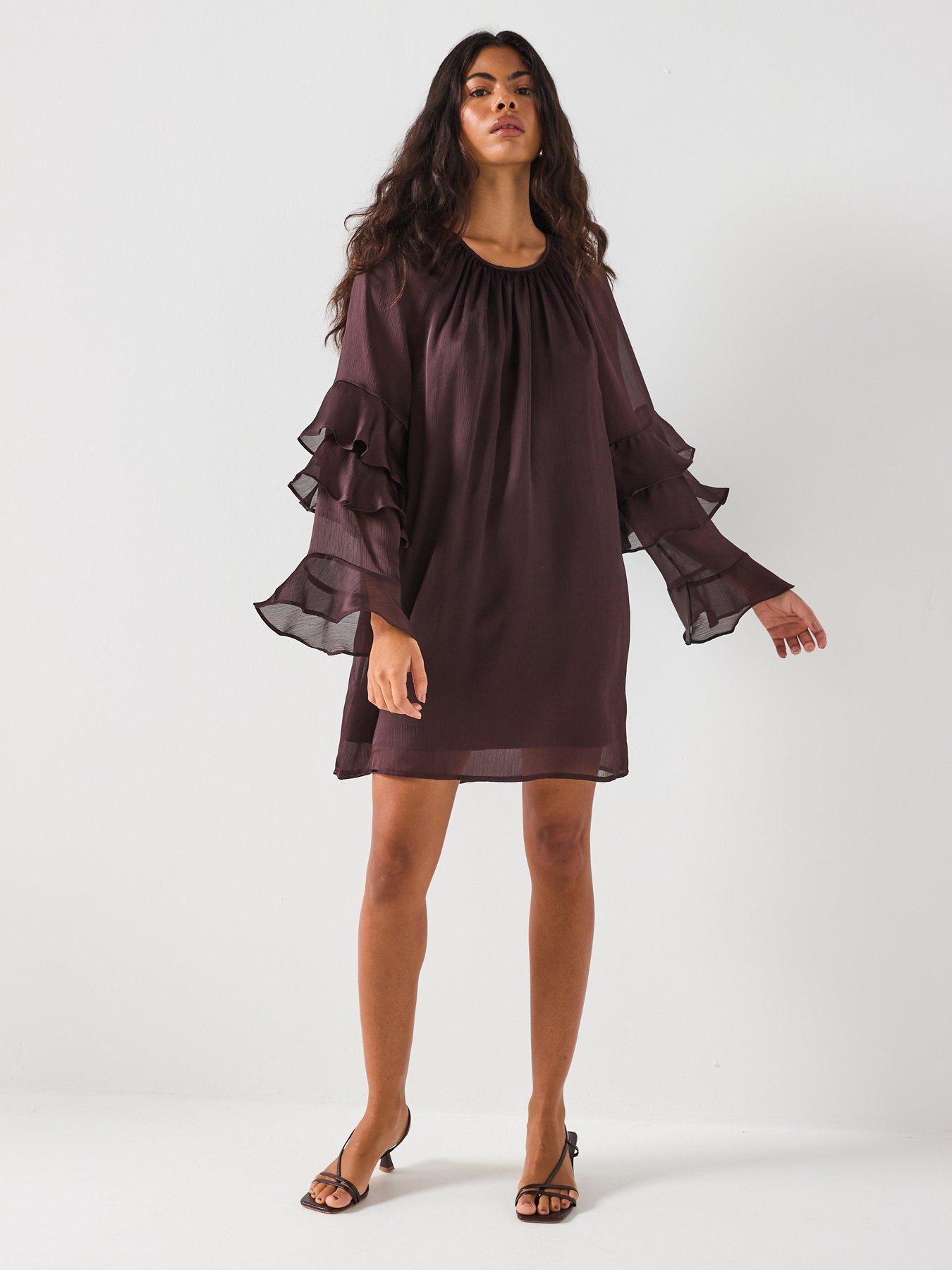 Vero Moda Lola Long Sleeve Frill Mini Dress - Brown | Very