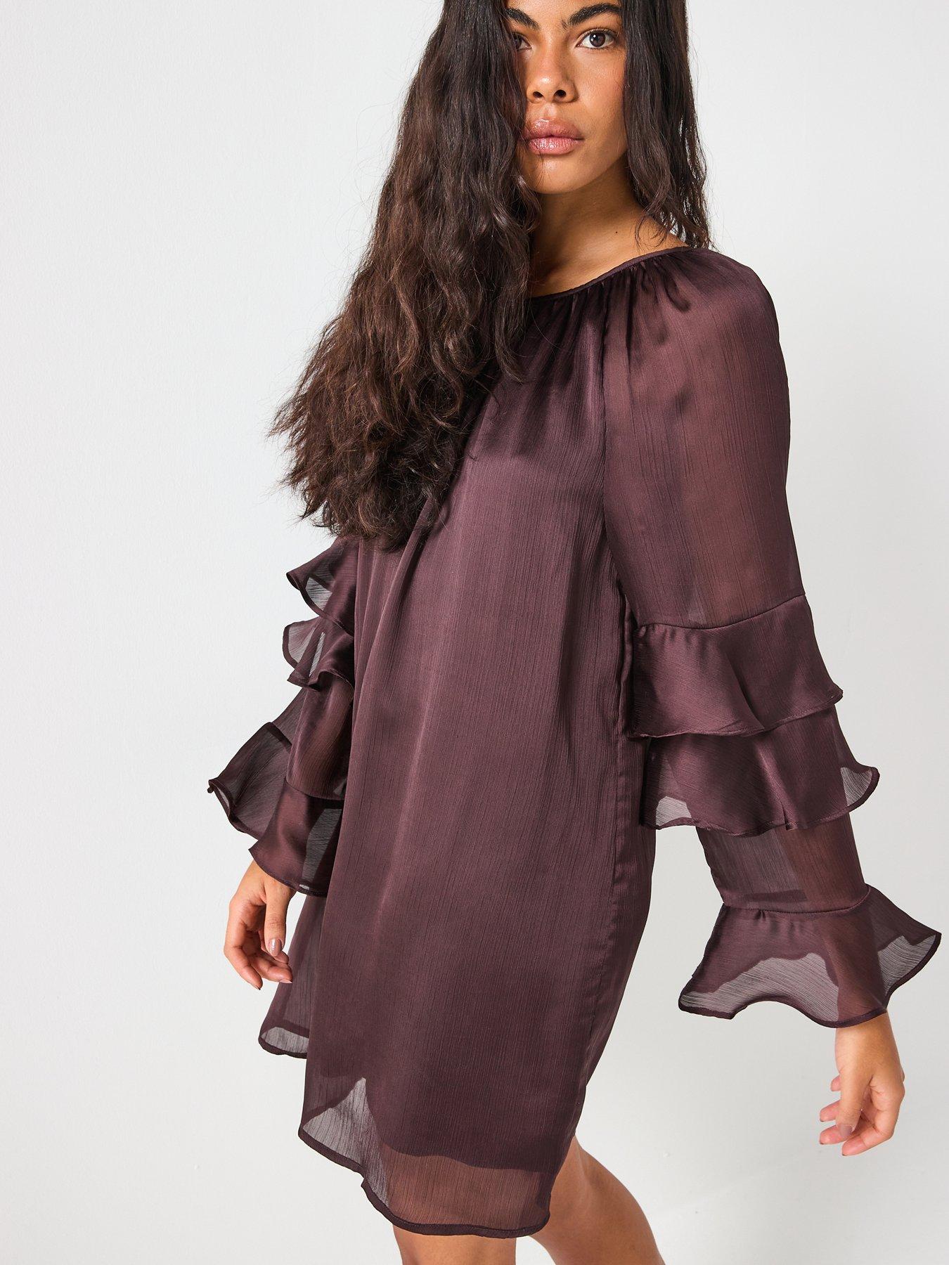 Image 4 of 6 of Vero Moda Lola Long Sleeve Frill Mini Dress - Brown