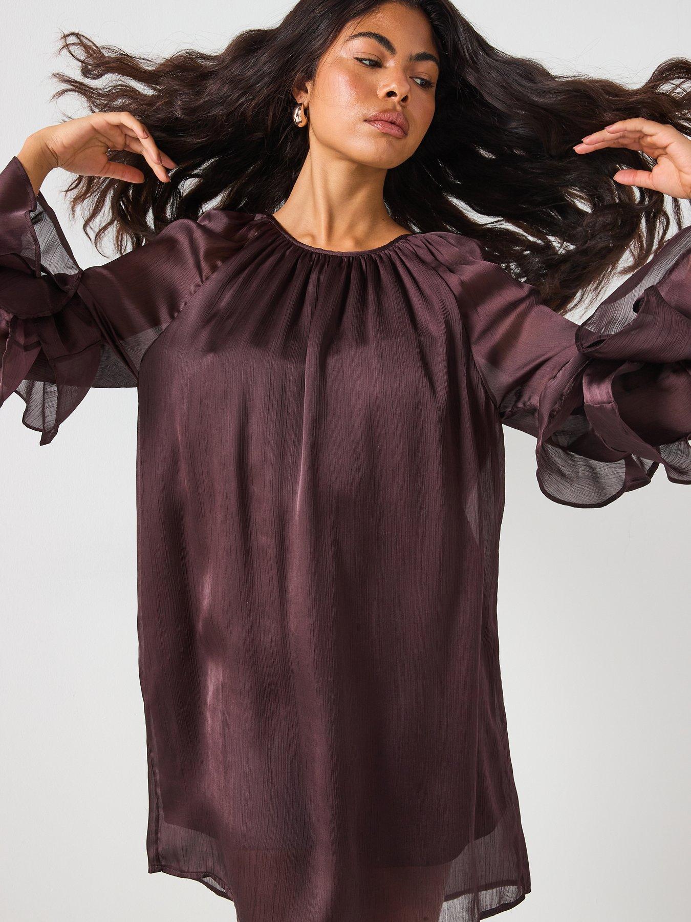 Image 5 of 6 of Vero Moda Lola Long Sleeve Frill Mini Dress - Brown