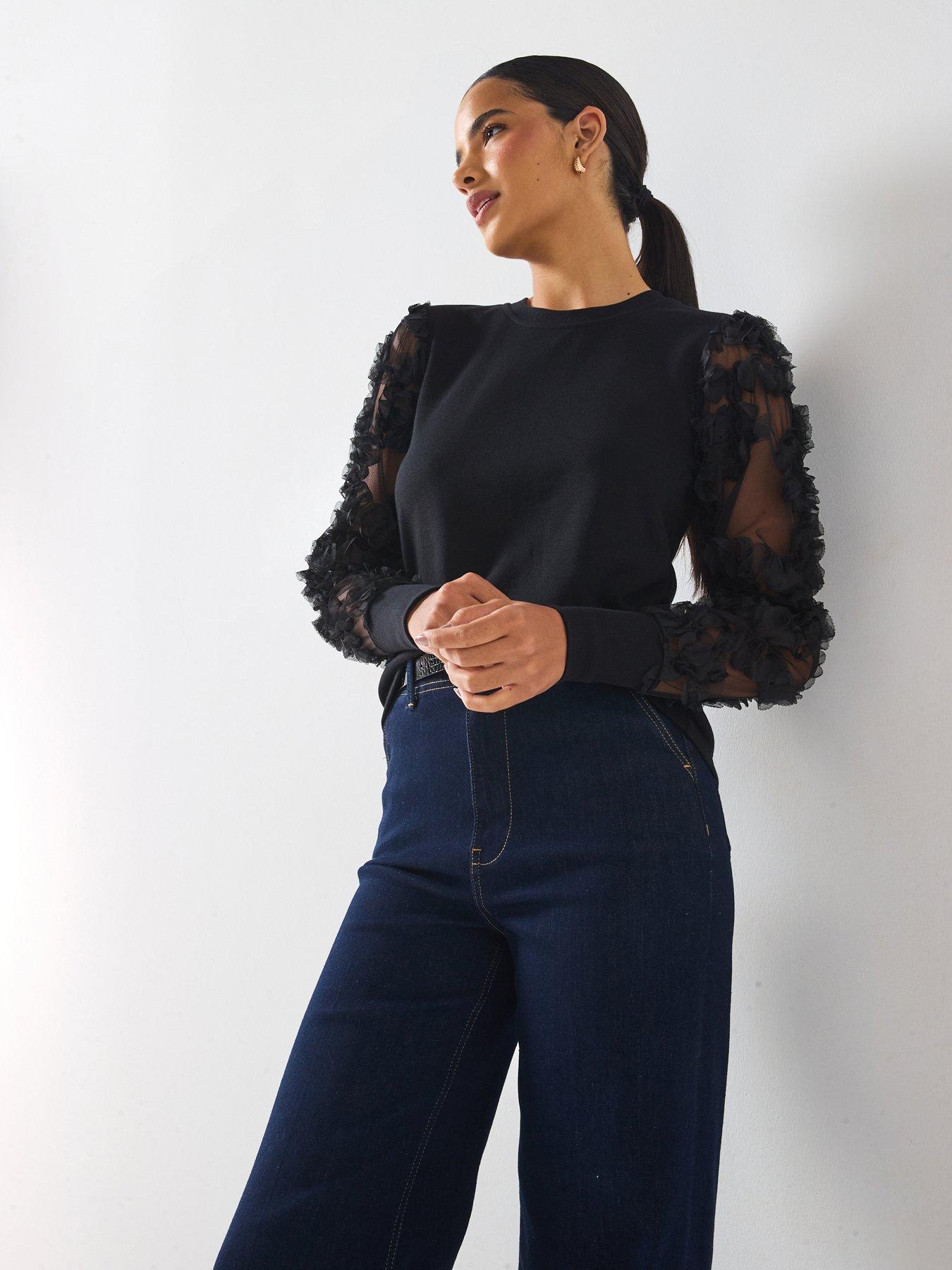 undefined Ruffle Sleeve Sweat Top - Black