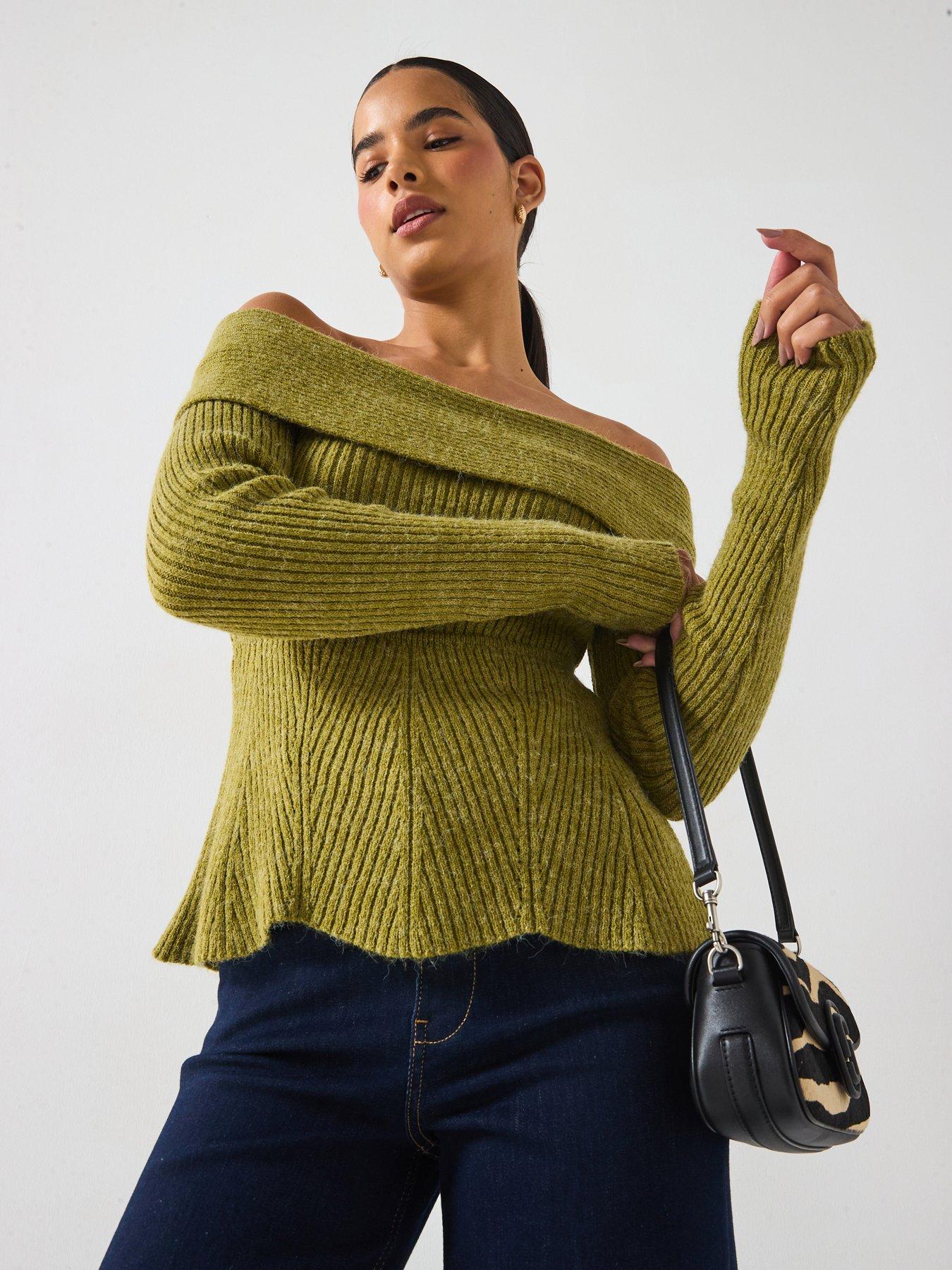 undefined Lucy Lu Off Shoulder Knitted Jumper - Green
