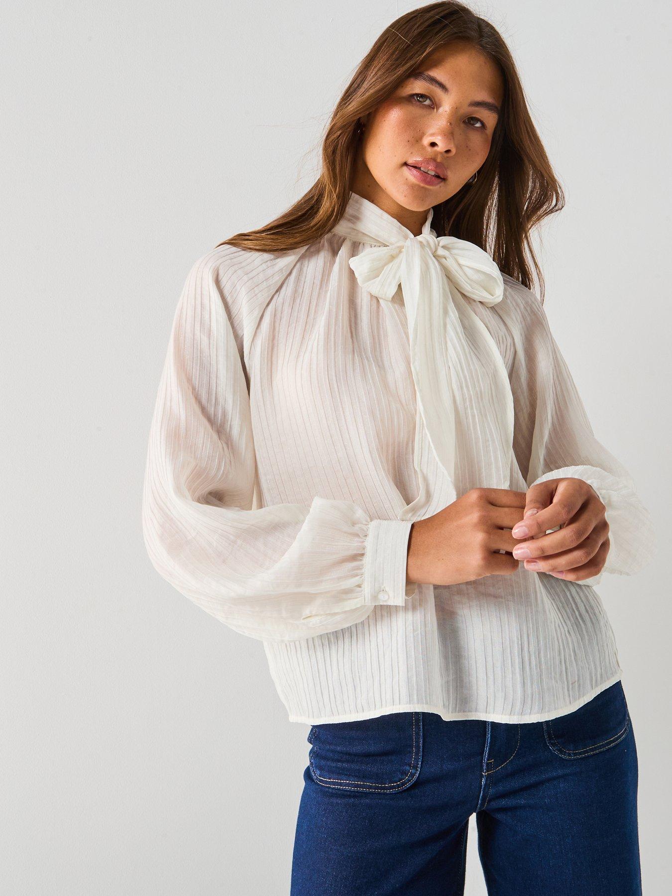 undefined Norma Long Sleeve Bow Tie Neck Blouse - White