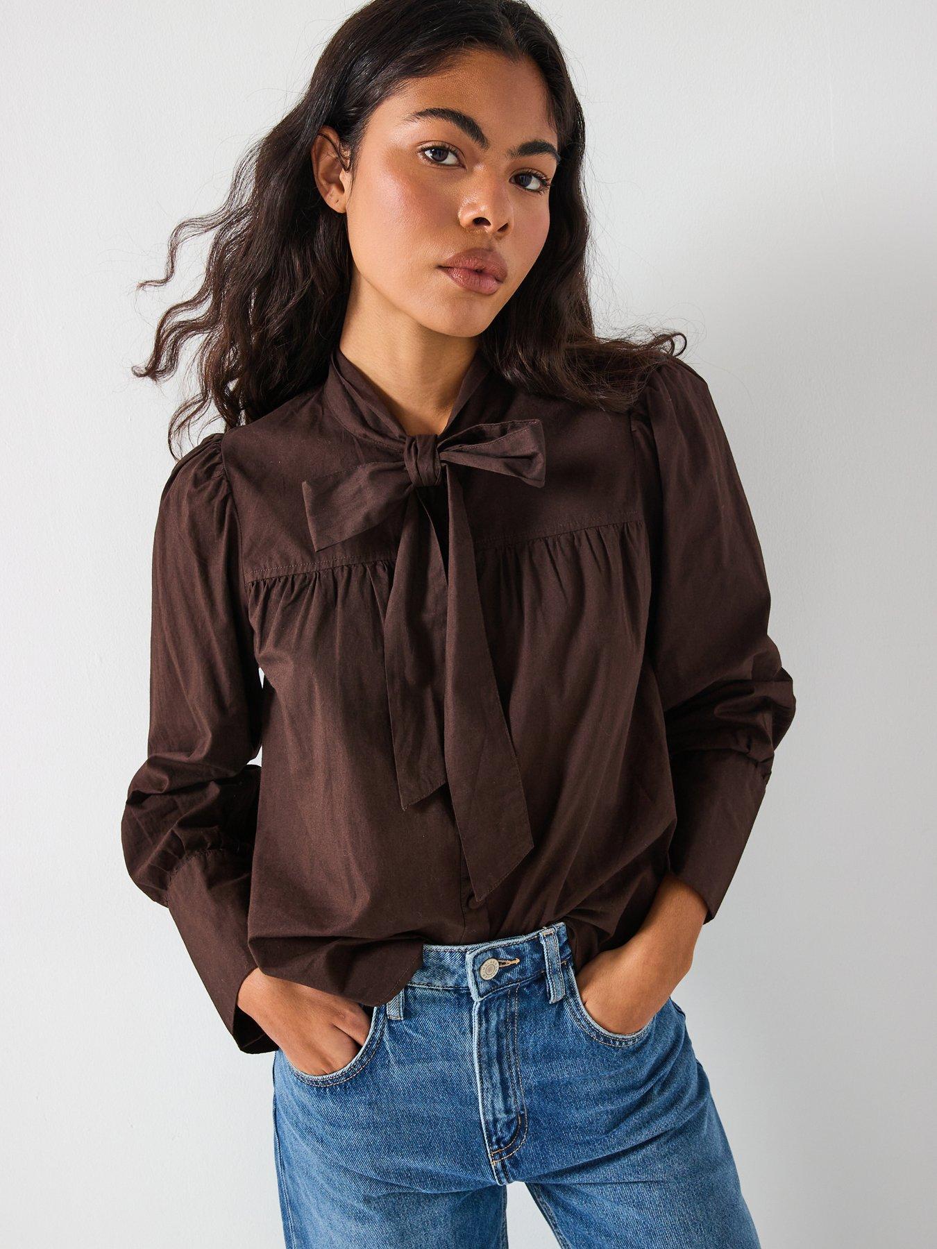 Image 1 of 6 of Vero Moda Long Sleeve Bow Shirt - Brown