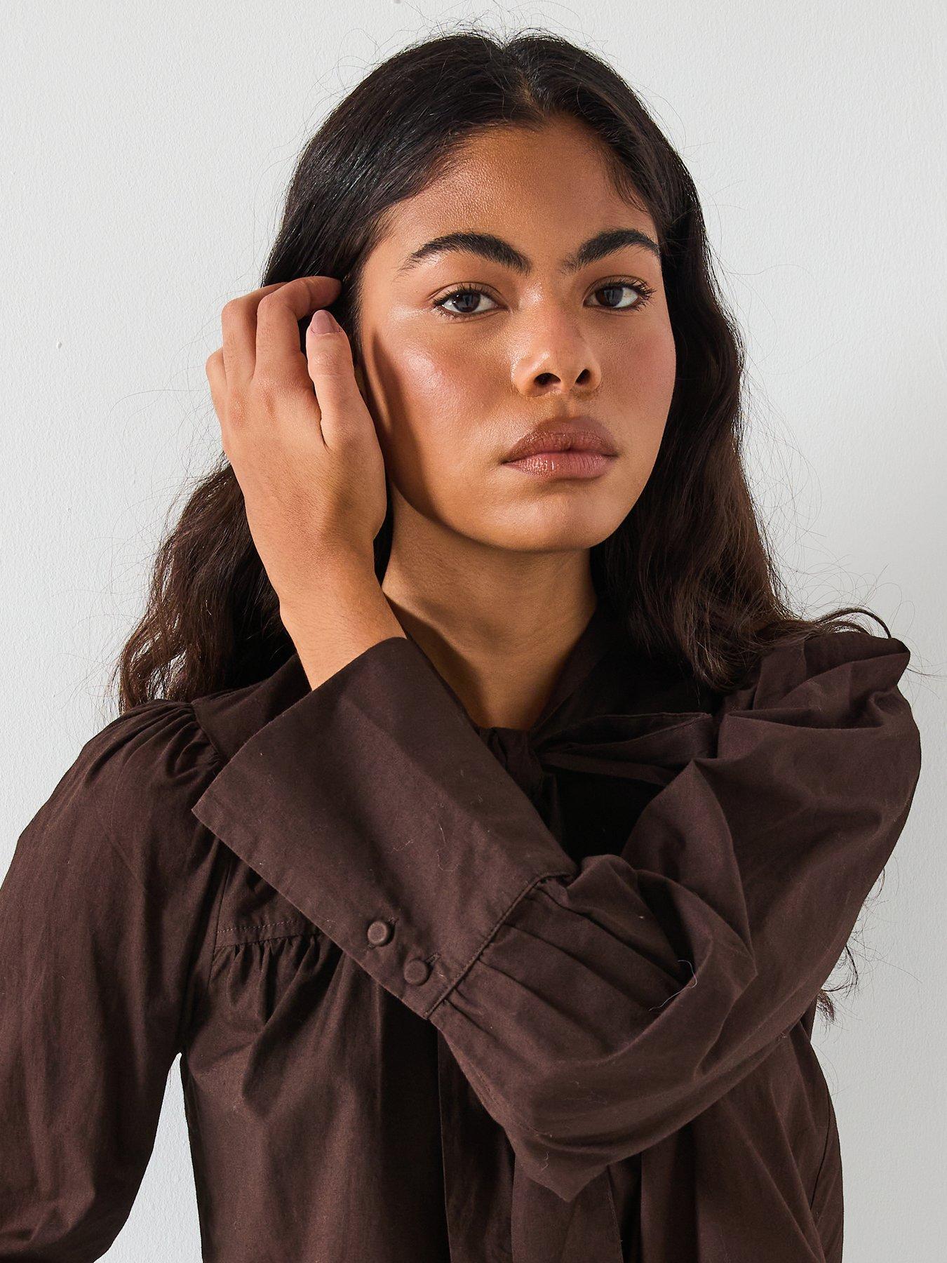 Image 4 of 6 of Vero Moda Long Sleeve Bow Shirt - Brown