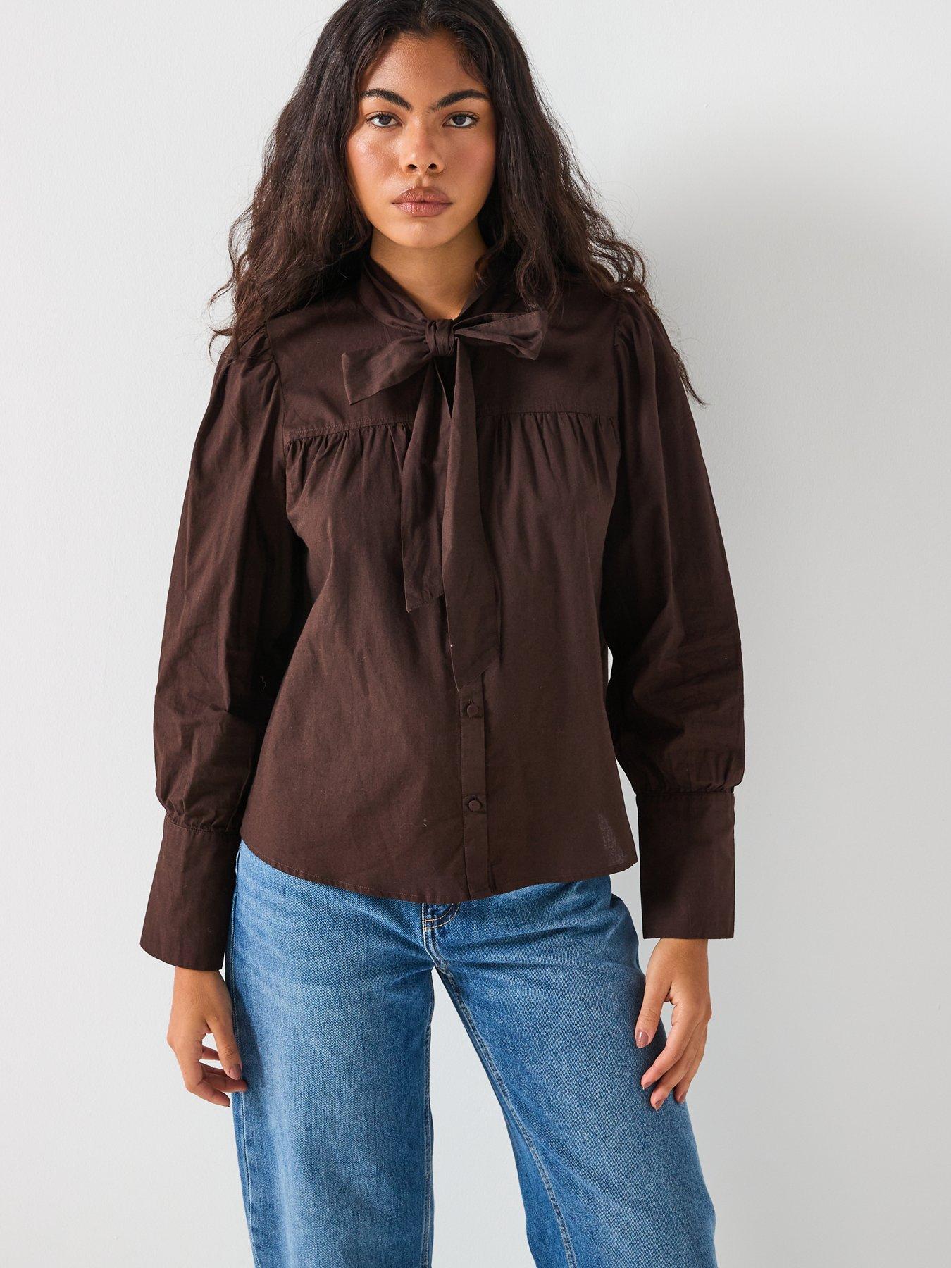 Image 5 of 6 of Vero Moda Long Sleeve Bow Shirt - Brown