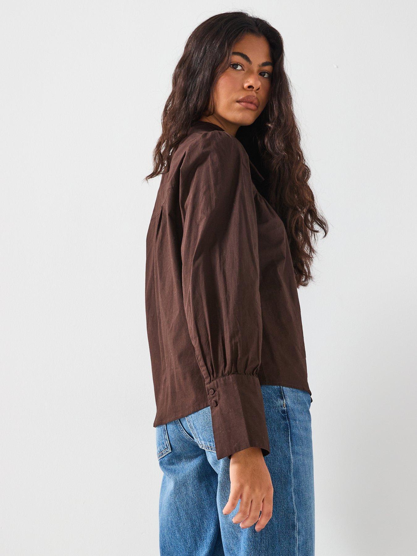 Image 6 of 6 of Vero Moda Long Sleeve Bow Shirt - Brown