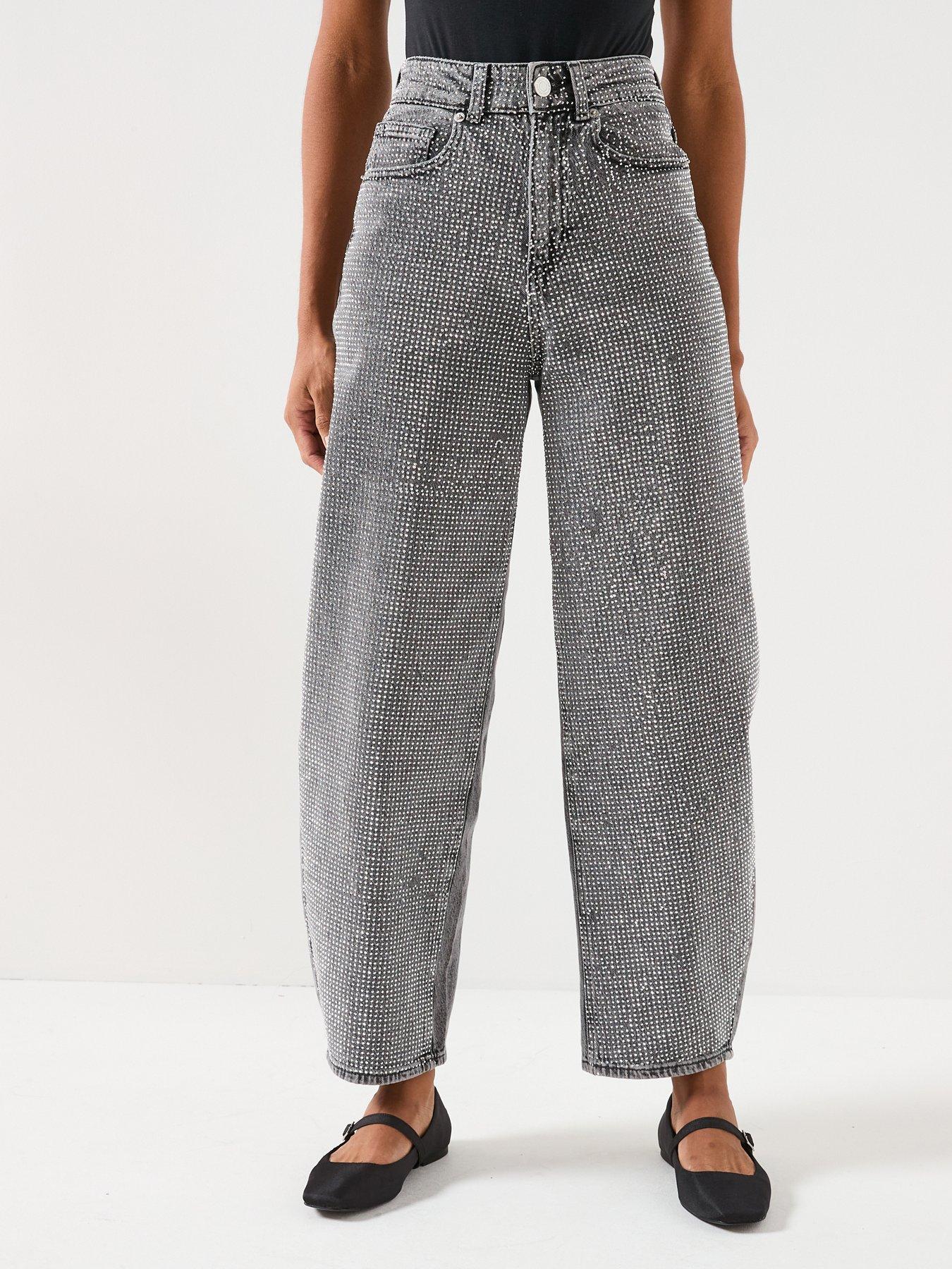 Vero Moda Billie High Rise Barrel Rhinestone Jeans - Grey