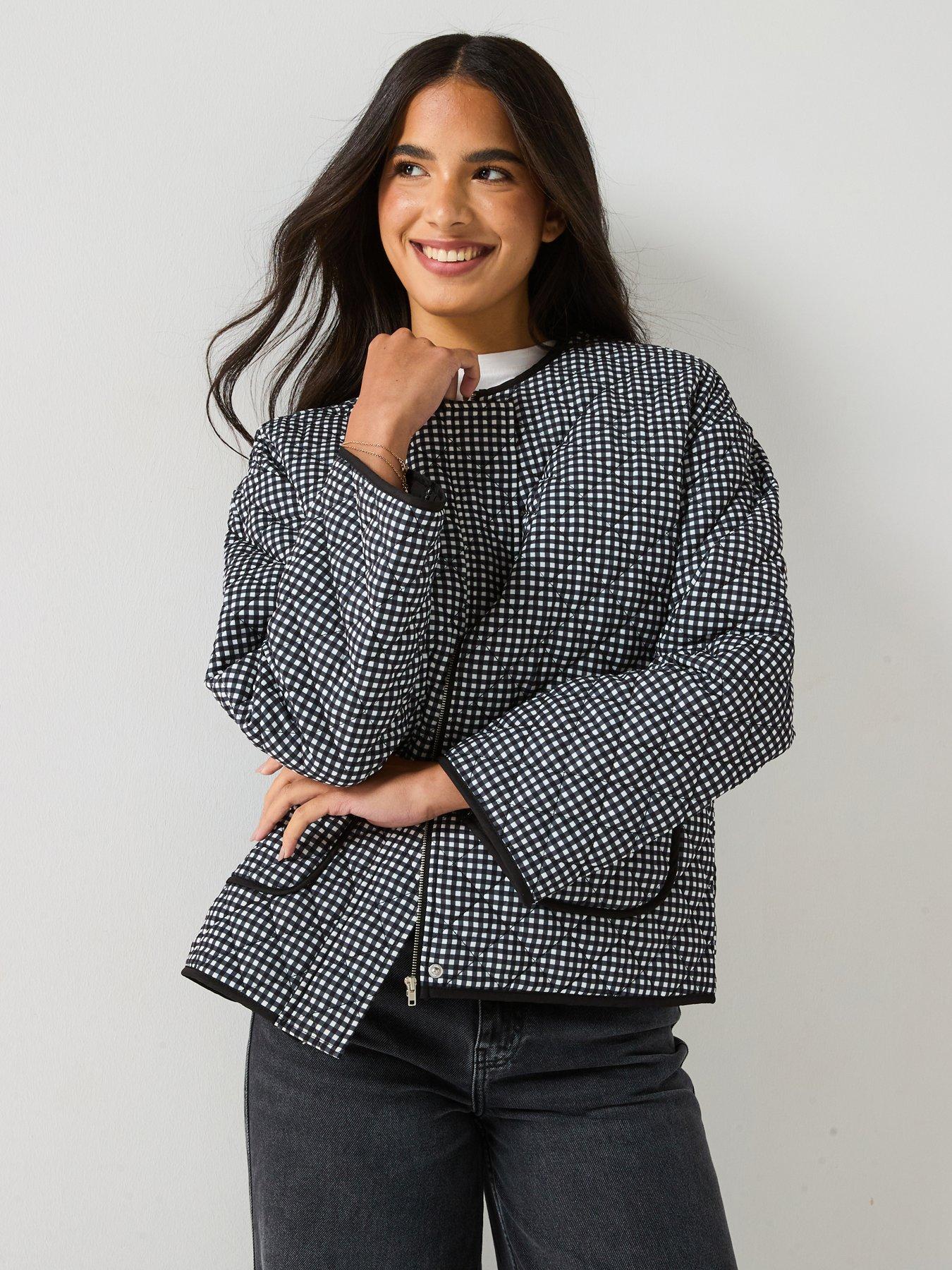 Image 1 of 6 of Vero Moda Birthie Long Sleeve Zip Check Quilted Jacket - Black