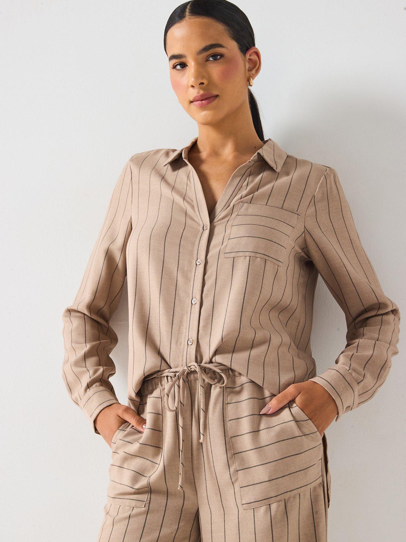 undefined Odette Long Sleeve V-neck Woven Shirt - Beige