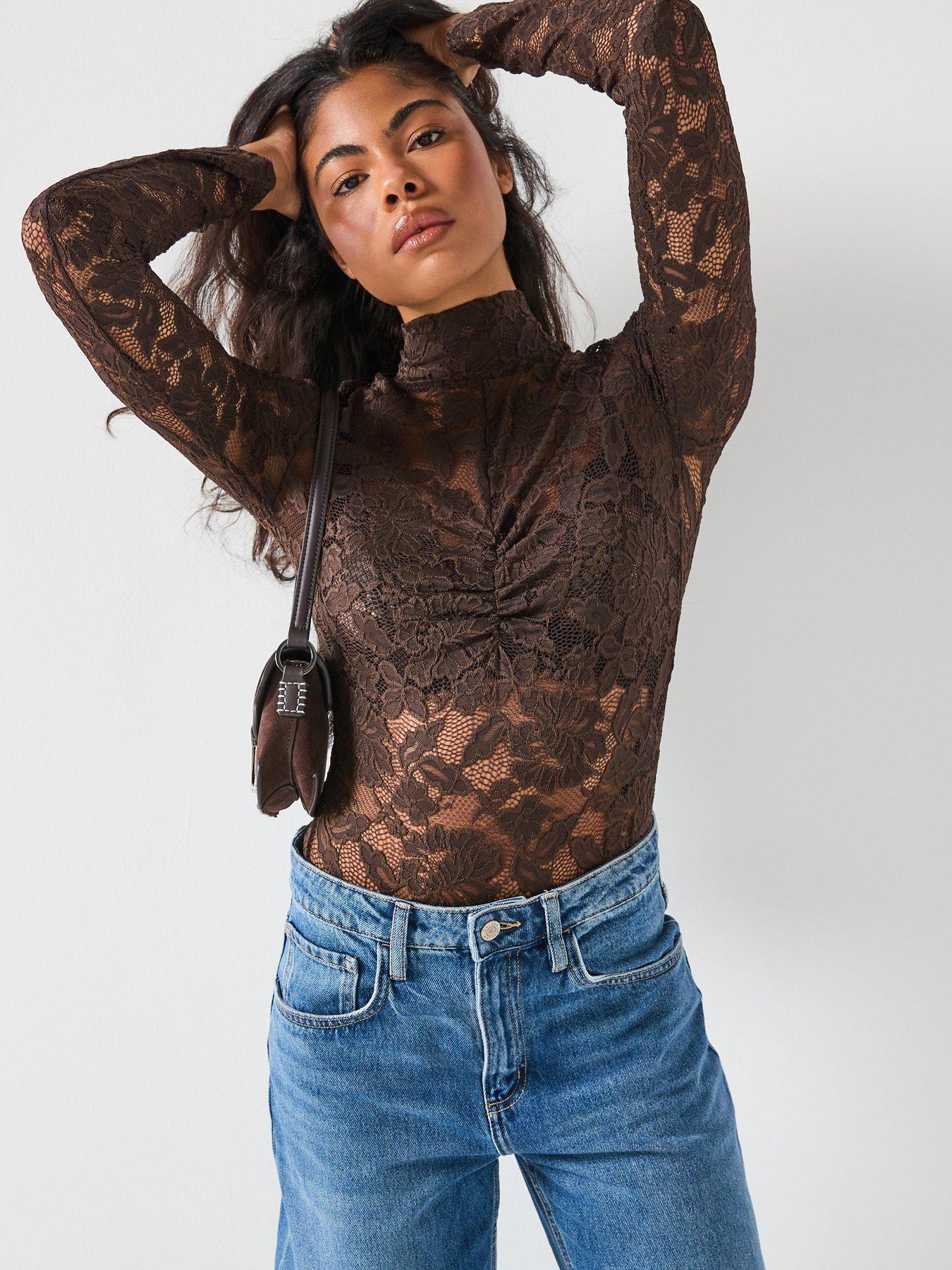 Image 1 of 6 of Vero Moda Neline Long Sleeve High Neck Top - Brown