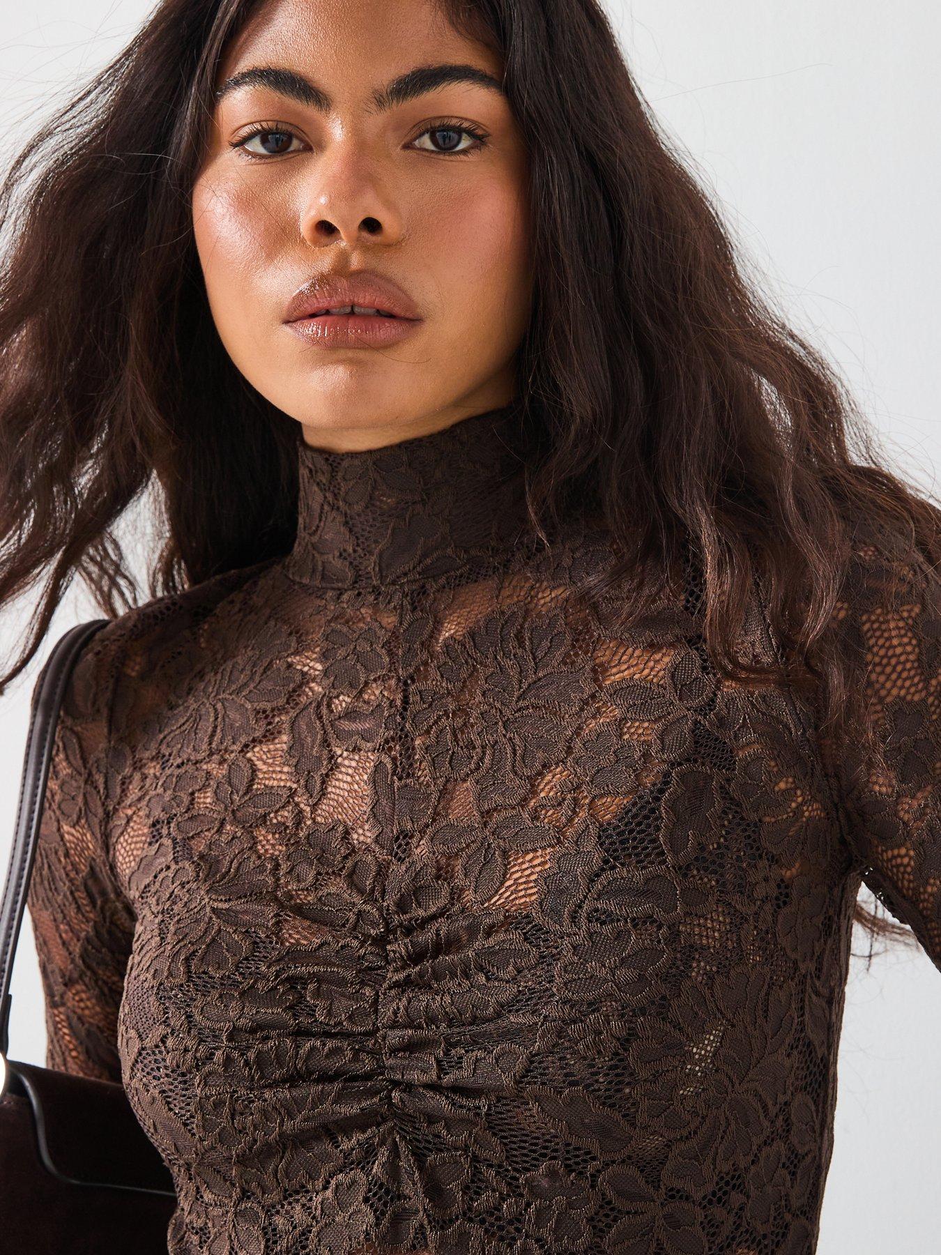 Image 4 of 6 of Vero Moda Neline Long Sleeve High Neck Top - Brown